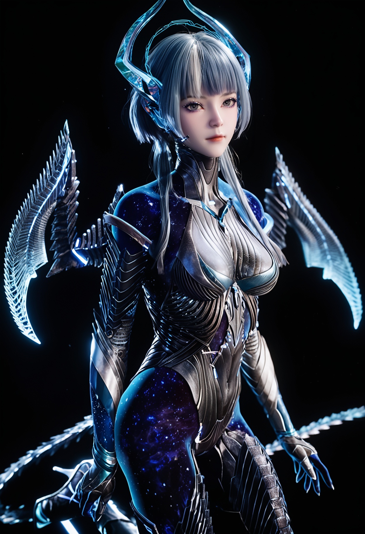 (cowboy shot:1.2),score_9,score_8_up,masterpiece,(best quality),intricate details,1girl,facing viewer,(looking at viewer:1.1),<lora:YQ_pony_babata2.0_V5:0.8>,q1528437228,1girl,solo,blue hair,horns,bodysuit,long hair,blue eyes,wings,blue skin,blunt bangs,tail,short hair,high heels,short hair with long locks,sidelocks,grey hair,black eyes,armor,headgear,white hair,multicolored hair,BREAKscore_9,score_8_up,masterpiece,(best quality),perfect anatomy,(hourglass),perfect face,(simple background,pure black background,black background:1.1),fair_skin,shiny_skin,Ivory_skin,