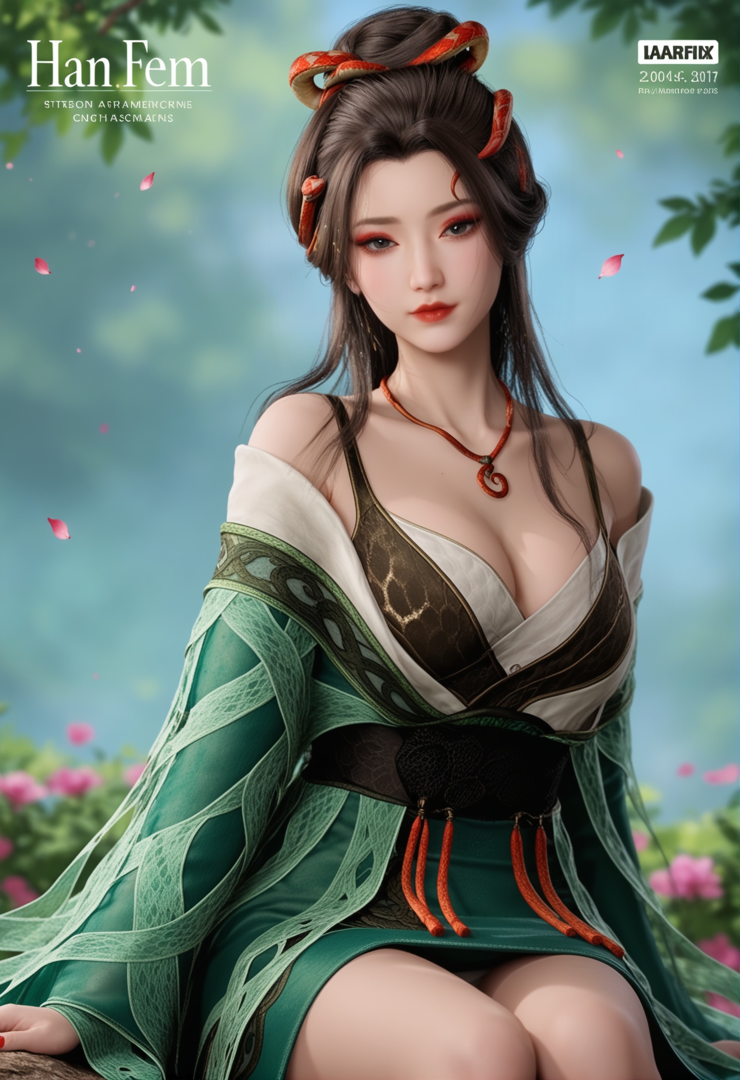 score_9,score_8_up,score_7_up,1girl,solo,(looking at viewer:1.1),(sitting:1.1),(full_shot:1.1),(magazine cover theme:1.05),(arms_behind_back:1.3),1girl,solo,realistic,dress,green dress,chinese clothes,hanfu,shawl,ribbon,wide sleeves,sleeves past fingers,long sleeves,realistic,jewelry,snake hair accessories,hair ornament,hair ribbon,hair rings,necklace,1girl,solo,realistic,mature face,slender face,long hair,black hair,brown hair,hair bun,black eyes,eyelashes,eyeshadow,eyeliner,makeup,lipstick,lips,mascara,red lips,bare shoulders,collarbone,closed mouth,realistic,(advertising cover:0.8),grey_background,gradient_background,(white_background:0.9),falling petals,(depth of field:1.2),depth_of_field,<lora:小巳-龙娇男pony:0.85>,