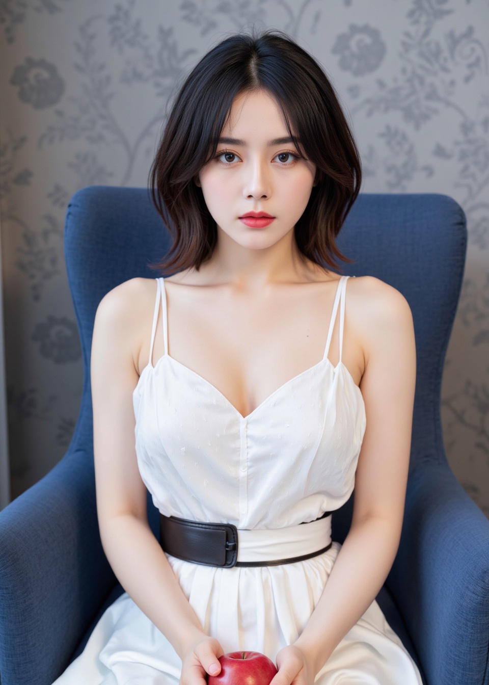 The image is a portrait of a young woman sitting on a blue armchair. She is wearing a white dress with a black belt and has a red apple in her hands. The woman has dark hair styled in loose waves and is looking directly at the camera with a serious expression. The background is a gray wall with a floral pattern. The overall mood of the image is elegant and sophisticated.