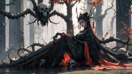 1girl,solo,full body,many skulls,tree,branch,china dress,zhongfenghua,black_theme,spider legs,terror theme,spizzy,forest,<lora:麻袋2024-023桃权重0.6-0.8:0.5>,<lora:怪物女王v1.1:0.6>,a huge tree,sitting under a tree,, masterpiece,best quality,ultra-detailed,