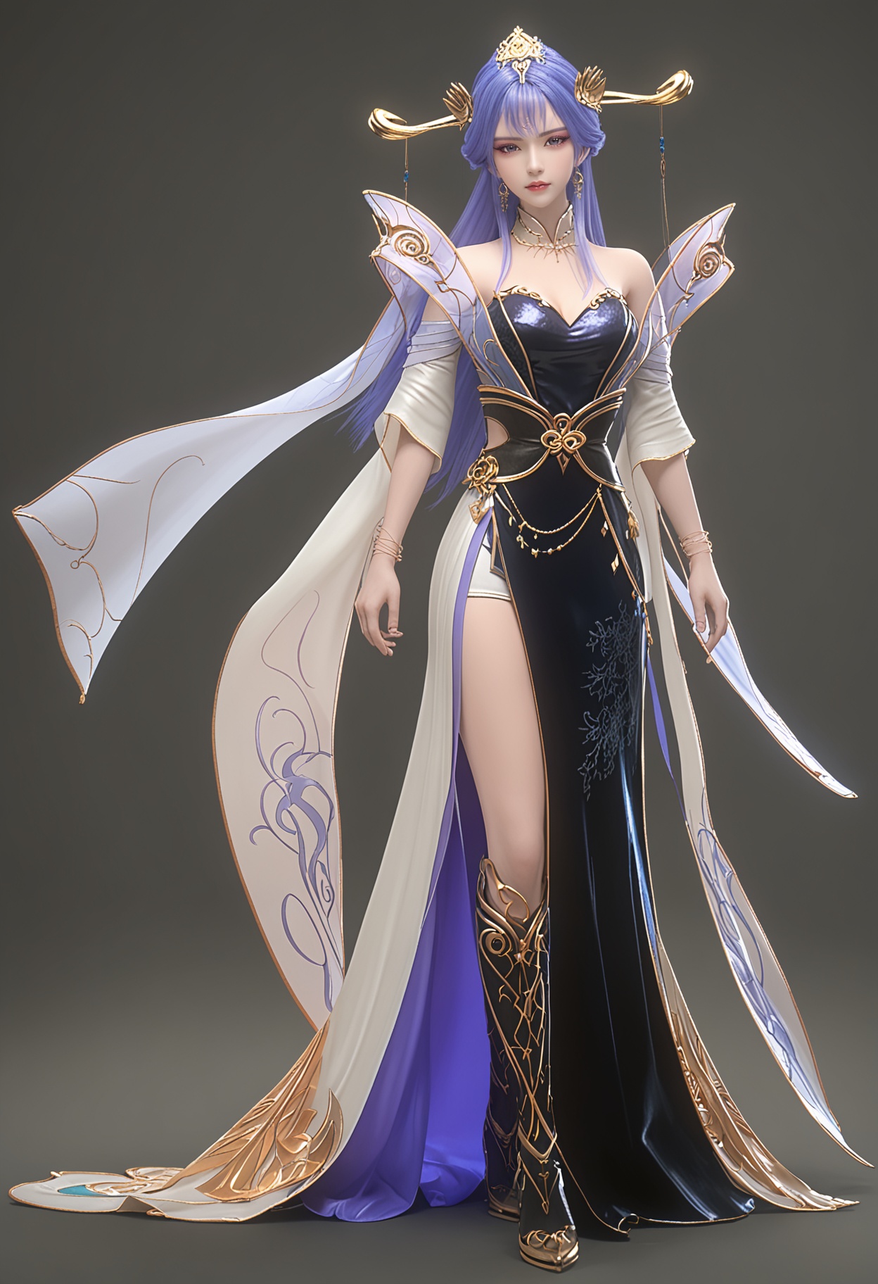 perfect_anatomy,(score_9:1.1),(looking_at_viewer:1.1),(full body:1.2),<lora:YQ_pony_tianqiong_V7:0.8>,(boots:1.2),1girl,solo,long hair,jewelry,hair ornament,earrings,dress,blue hair,purple hair,realistic,blue eyes,bare shoulders,bracelet,purple eyes,blue dress,makeup,necklace,cleavage,detached collar,chinese clothes,black dress,shawl,braid,detached sleeves,eyeshadow,hagoromo,hair stick,hair bun,hair rings,forehead mark,facial mark,crescent,sash,perfect_anatomy BREAK (perfect_anatomy:1.1),(simple background,pure black background,black background:1.1),fair_skin,white_skin,shiny_skin,pale skin,Ivory_skin,(cinematic lighting),
