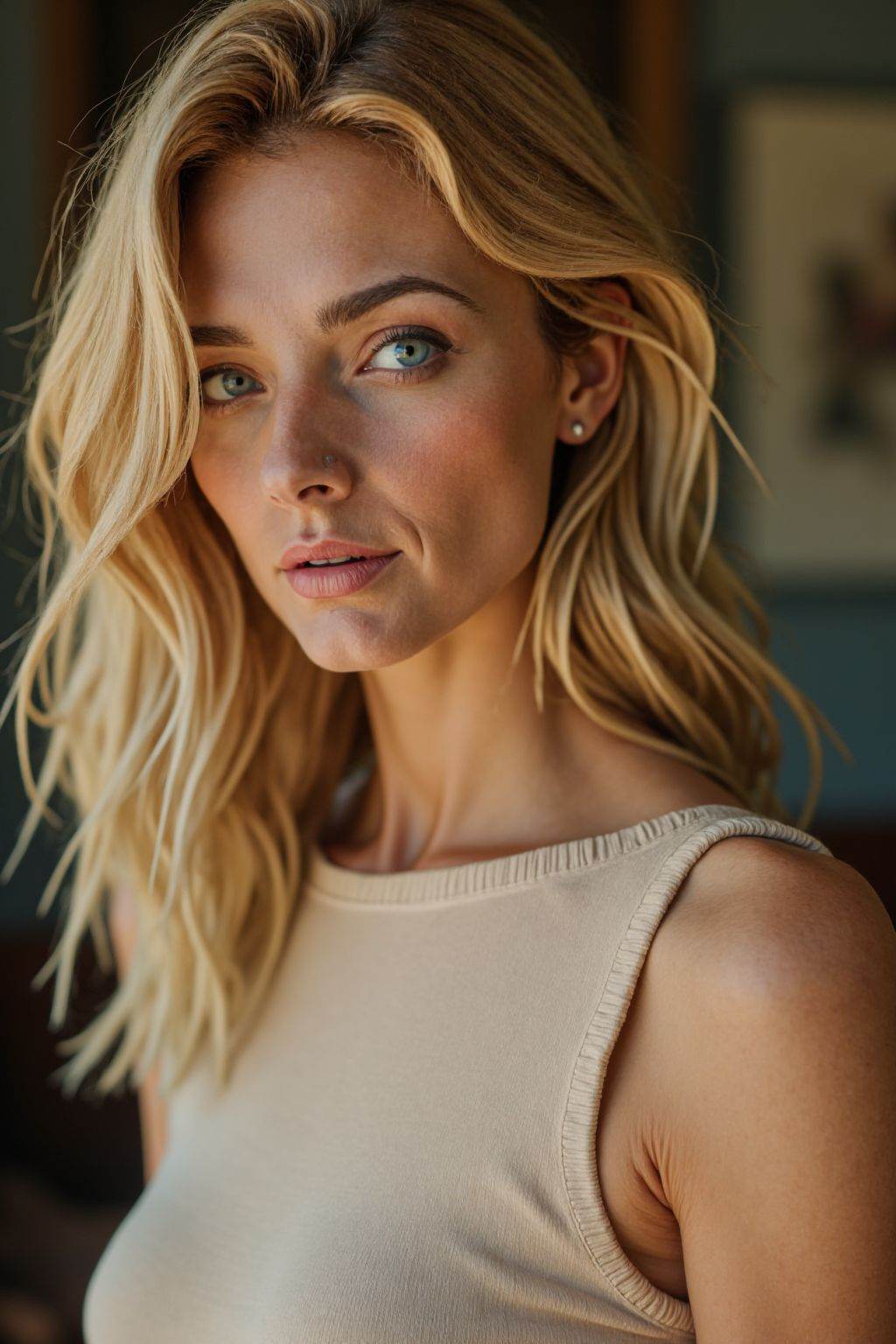 HDR photo of cinematic film still,This is a beautiful photograph of a woman,blonde hair cascading over her shoulders. She is wearing a boatneck dress, Looking at the viewer, closed mouth,