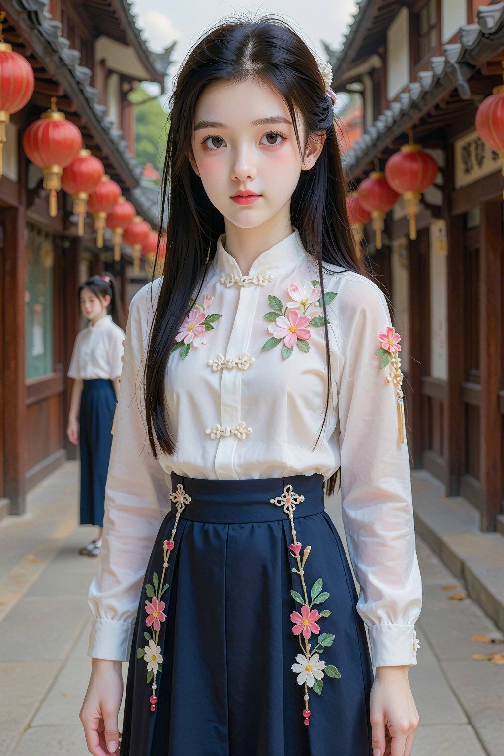 This photograph features a young Asian girl with long,  straight black hair and fair skin,  standing on a traditional Chin...