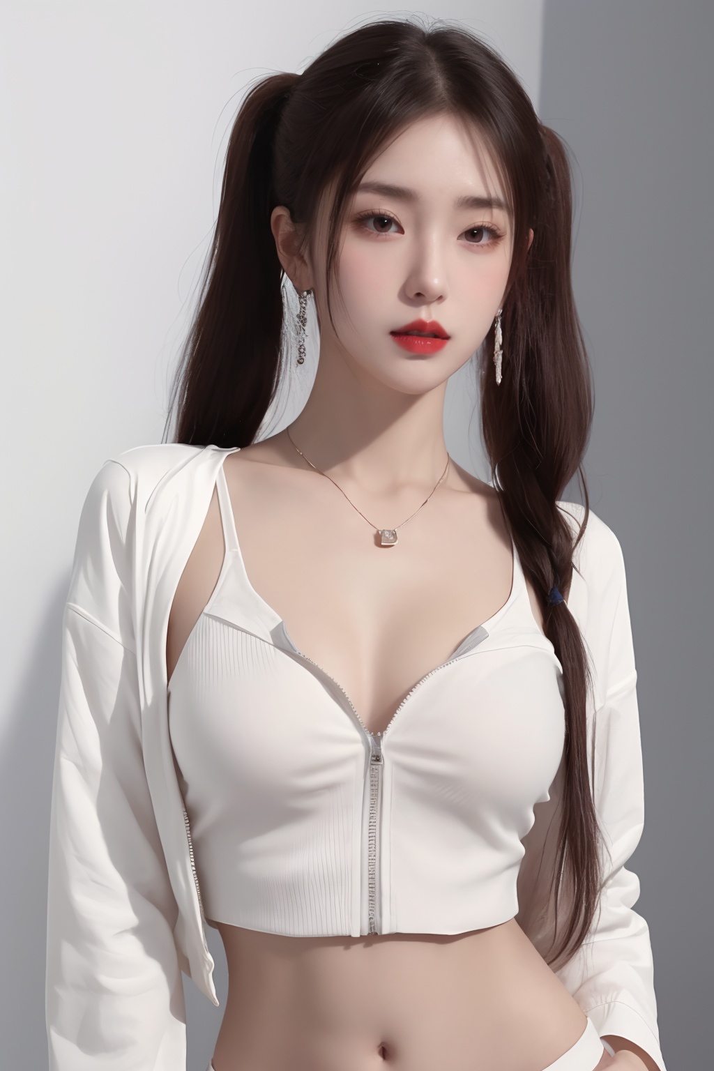 1girl, breasts, cleavage, crop top, earrings, jacket, jewelry, lips, long hair, looking at viewer, medium breasts, midriff, navel, necklace, realistic, red lips, solo, twintails, white jacket  <lora:美女1.0:1>