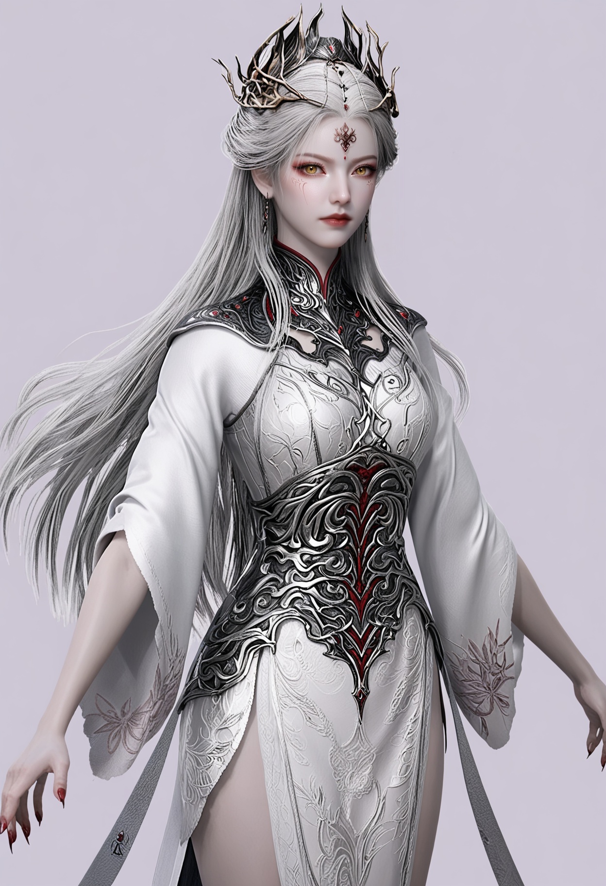 score_9,high detail,best quality,shiny skin,shiny,asxieshen,1girl,solo,yellow eyes,long hair,white hair,white background,realistic,closed mouth,jewelry,dress,hair ornament,earrings,simple background,facial mark,forehead mark,white dress,makeup,wide sleeves,red lips,looking at viewer,thighs,<lora:QQSponyasxieshenV1:0.8>,<lora:Pony_DetailV2.0:0.8>,<lora:皮肤凹痕:0.1>,