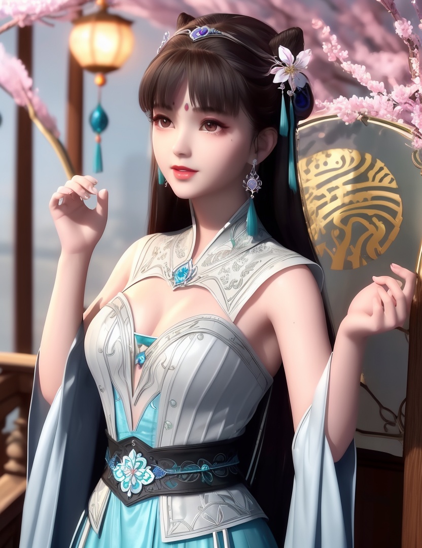 ultra realistic 8k cg, picture-perfect face, flawless, clean, masterpiece, professional artwork, famous artwork, cinematic lighting, cinematic bloom, perfect face, beautiful face, fantasy, dreamlike, unreal, science fiction,  beautiful clothes, lace, lace trim, lace-trimmed legwear,  (rich:1.4), prestige, luxury, jewelry, diamond, gold, pearl, gem, sapphire, ruby, emerald, intricate detail, delicate pattern, charming, alluring, seductive, erotic, enchanting, hair ornament, necklace, earrings, bracelet, armlet,halo((,1girl, ,))(((,teenage,full moon,lantern, cherry blossoms, 1girl, tree, spring_\(season\), solo, black_hair,chinese clothes,looking at viewer, upper body, ))) <lora:DA_LanLingEr:0.6>