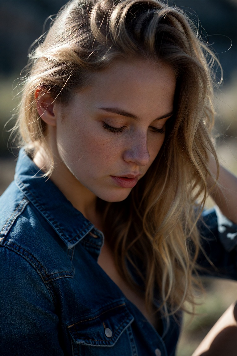 A young Caucasian woman,  approximately 25 years old,  captured in a close-up portrait where her head is tilted downward s...