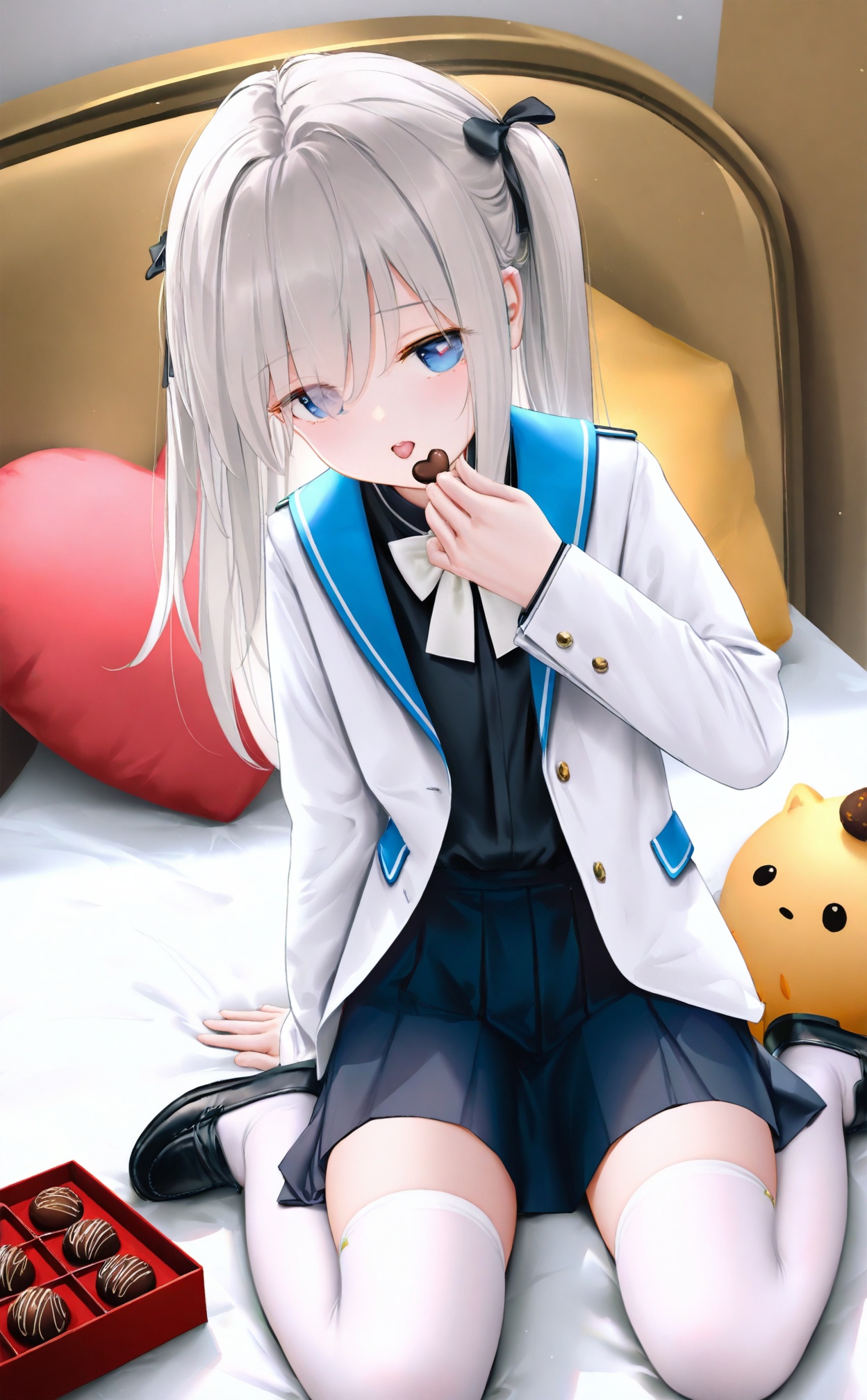 masterpiece,best quality,high quality,loli,(Artist chen bin:1.5),(Artist agwing86:1.3),(Artist aki99:0.5),(Artist z282g:0.9),artist:wanke,(artist:ke-ta:0.6),[Artist:wlop],(Artist wsman:0.6),(fkey:0.5),(hiten \(hitenkei\):0.6),loli,1girl,chocolate,thighhighs,solo,skirt,long hair,white thighhighs,sitting,wariza,looking at viewer,open mouth,blue eyes,shirt,jacket,shoes,box of chocolates,pleated skirt,loafers,food,ribbon,white jacket,two side up,box,bow,valentine,pillow,black shirt,long sleeves,school uniform,collared shirt,on bed,black skirt,bowtie,heart-shaped chocolate,hair ribbon,tongue,blazer,miniskirt,candy,grey hair,blush,open clothes,holding chocolate,hair between eyes,holding,open jacket,zettai ryouiki,bed,holding food,stuffed toy,white bow,