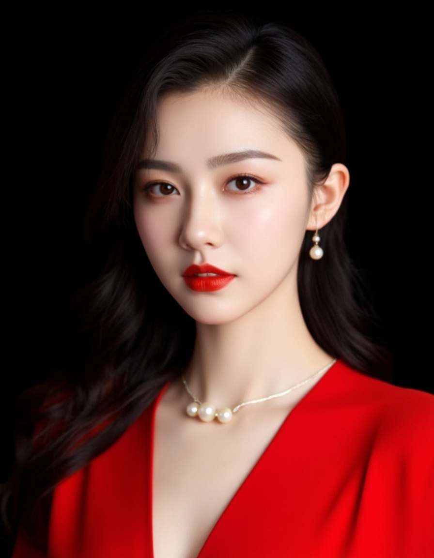 A photograph of a young Asian woman with fair skin and long, wavy black hair, styled in a loose ponytail. She has delicate, symmetrical facial features, subtle makeup with red lipstick, and is wearing a bright red V-neck top. She is accessorized with small pearl earrings and a delicate necklace featuring three pearls. The background is a solid black, making her the focal point.