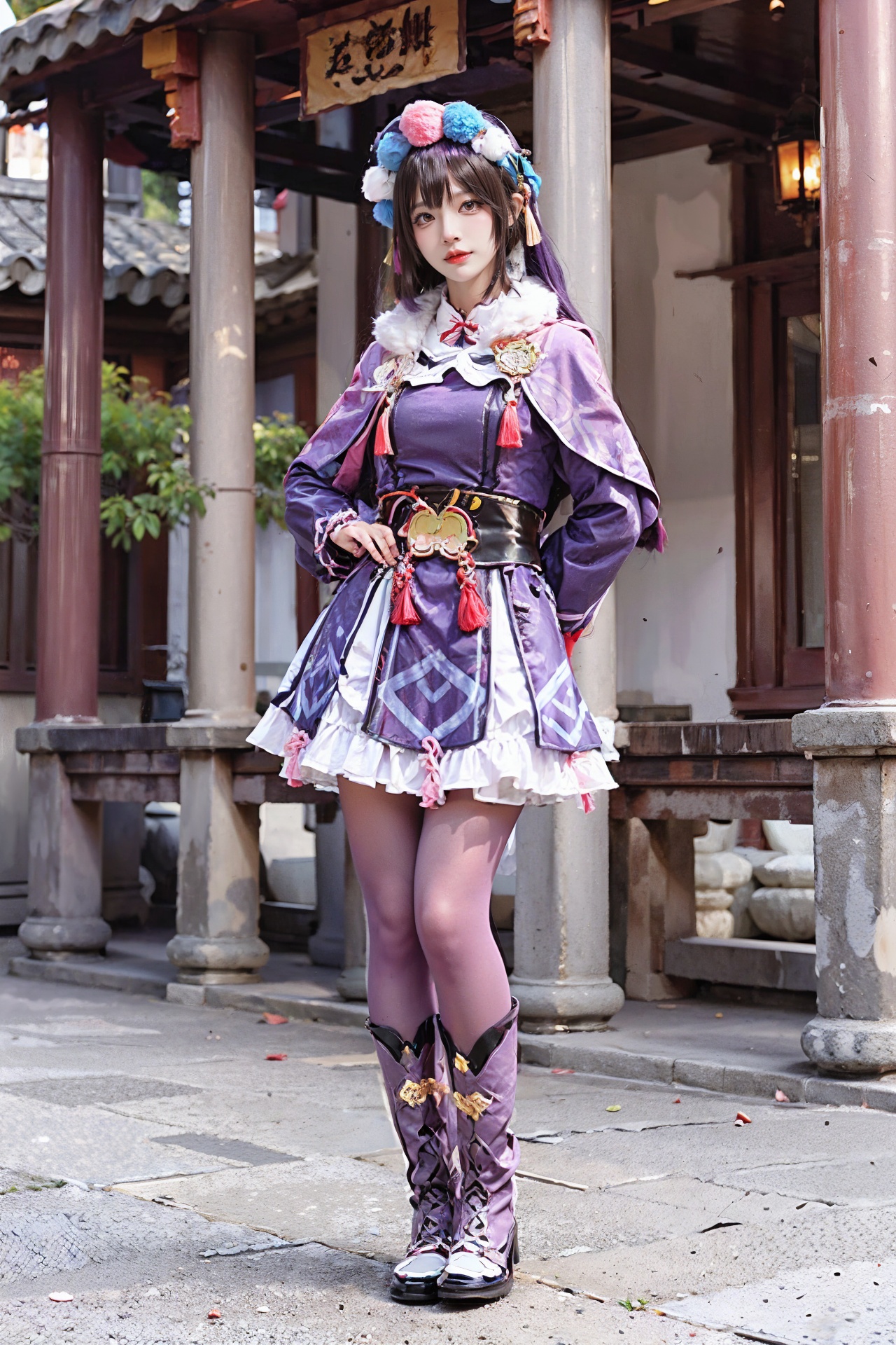 Yunjin,hair ornament,bonnet,purple dress,Pom-poms,knotting,black belt,red tassel,fur collar,pink capelet,purple hair,1girl,solo,long hair,full body,pantyhose,boots,purple pantyhose,bangs,dress,looking at viewer,standing,long sleeves,<lora:Yunjin:0.7>,<lora:add_detail:0.4>,