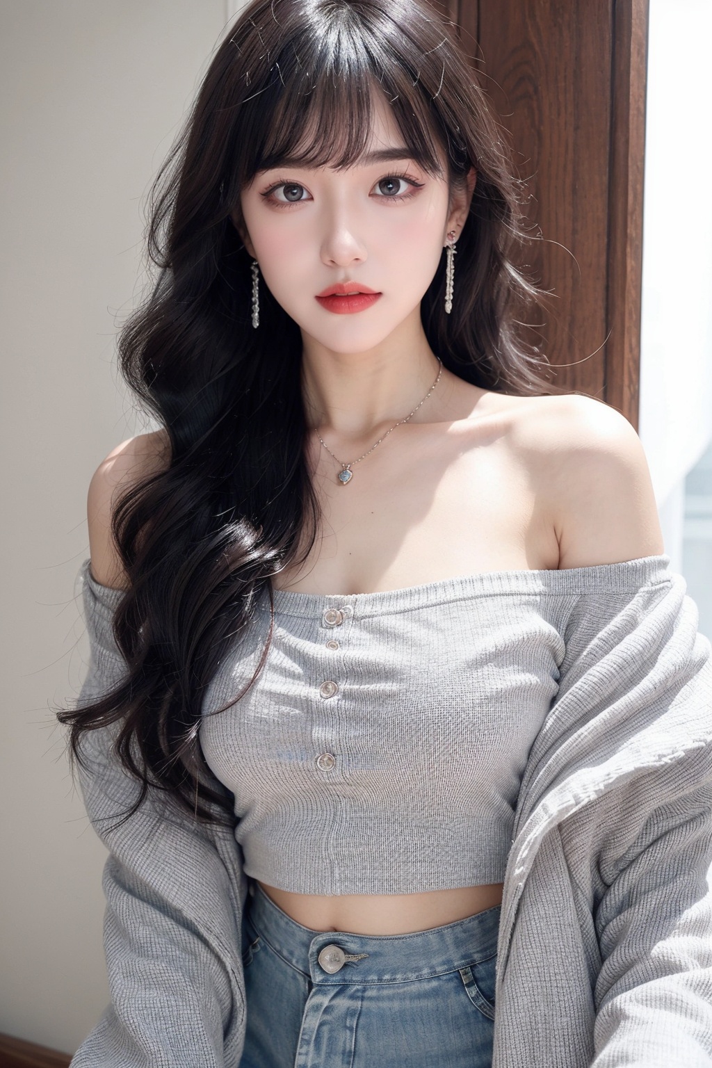 1girl, bangle, bare shoulders, bracelet, breasts, cleavage, collarbone, crop top, ear piercing, earrings, grey eyes, jewelry, long hair, looking at viewer, medium breasts, midriff, necklace, off-shoulder shirt, off shoulder, piercing, shirt, skirt, solo, white hair <lora:女:0.66>