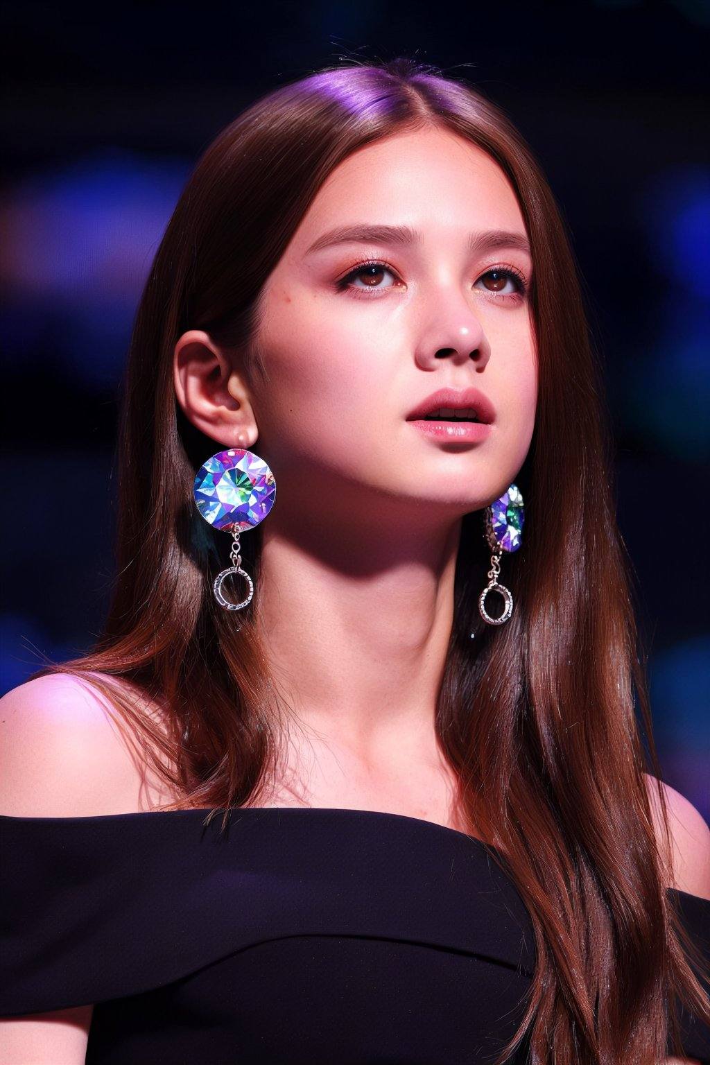 The image captures a person with long,  straight brown hair,  styled in loose waves that cascade past their shoulders. The...
