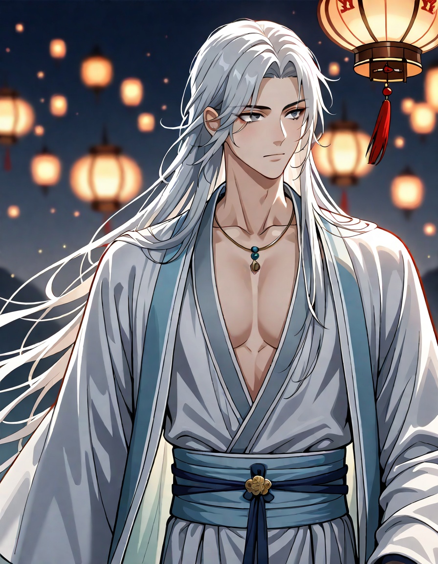 hanfu,chinese clothe,1boy,male focus,long hair,lantern,solo,jewelry,necklace,blurry,grey hair,long sleeves,robe,white robe,looking to the side,closed mouth,blurry background,bishounen,lamp,hanfu,parted bangs,night,white hair,grey eyes,pectoral cleavage,chinese clothes,flower,collarbone,open clothes,standing,pectorals,depth of field,