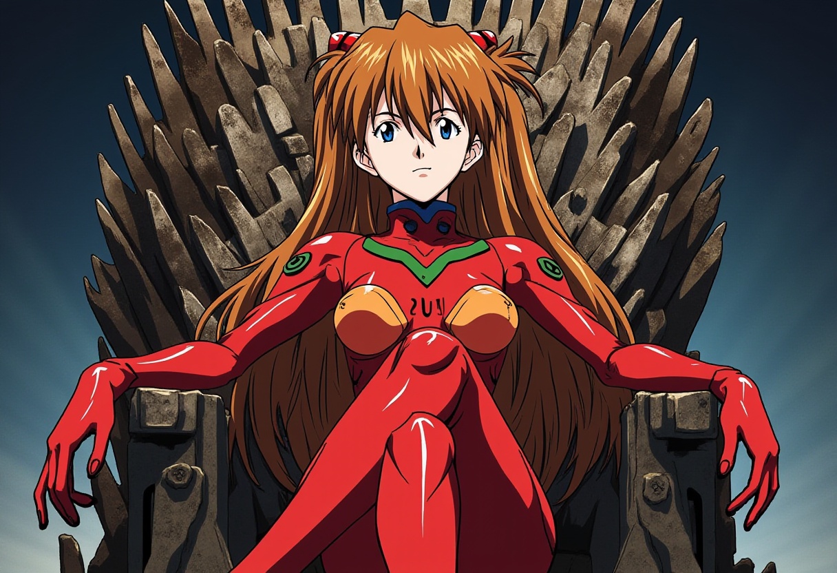 ppasuka in plug suit. She sits on the iron throne from game of thrones,  one leg over another.anime on Tensor.Art