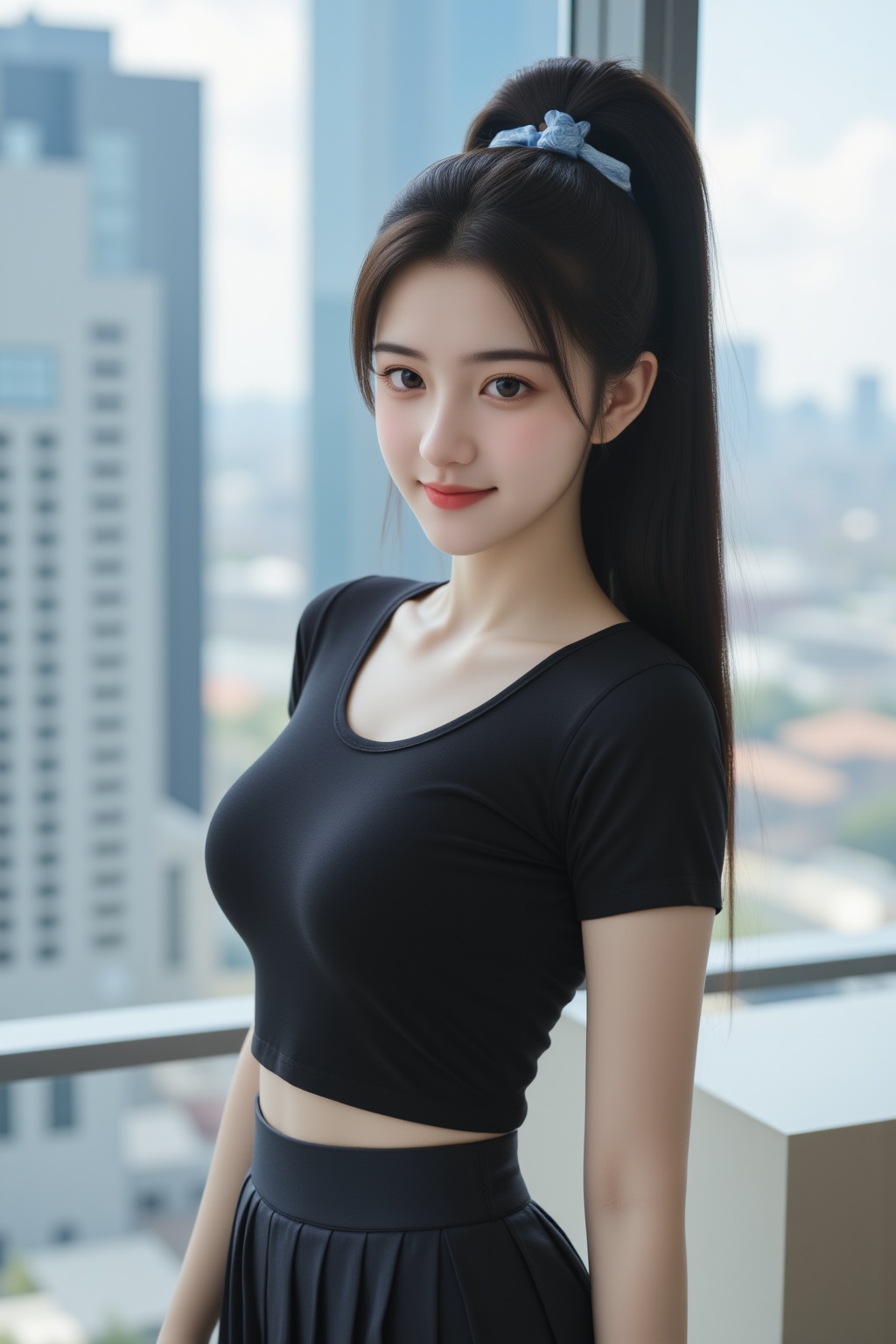 It was a picture of a young woman with a smiling face and fair skin, and her long straight black hair tied into a high ponytail with a blue ribbon. She was petite with large breasts and wore a fitted black short-sleeved top and a high-waisted pleated skirt. She kept her makeup minimal, highlighting her natural beauty. She stood in front of a large window, with a view of the city with tall buildings outside. The room was brightly lit, as if it were daytime.
