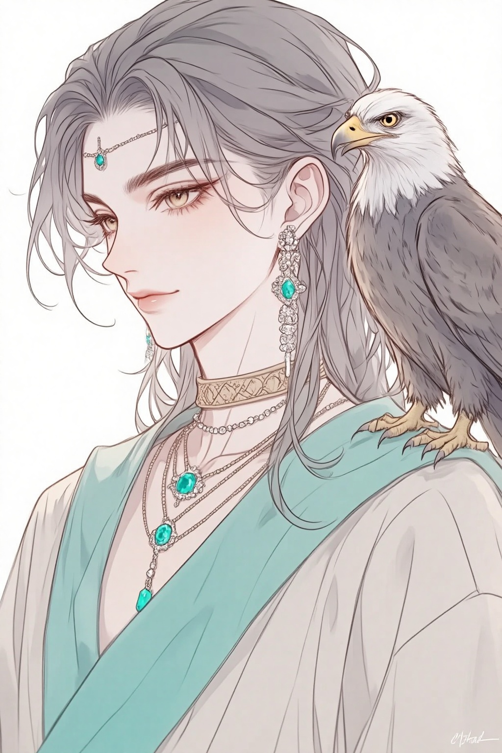 ZOZ_SUMIAOHH,ZOZ_SUMIAOMIAO,a digital illustration shoot from a profile camera angle about a portrait of a woman with a bird perched on her shoulder,adorned with jewelry,the image also shows a serene and elegant atmosphere,on the middle of the image,a 1woman,who appears to be in her early twenties,with light skin and long,wavy gray hair,is facing the viewer with a calm expression,she is wearing a white robe with a turquoise shawl draped over her shoulders,and adorned with multiple necklaces and earrings,including a necklace with emeralds and diamonds,her eyes are brown and looking to the side,and she has a subtle smile on her lips,on her right shoulder,a bald eagle with white and grey feathers is perched,looking directly at the viewer,the background is a plain white,and the artists signature is visible in the bottom right corner,
