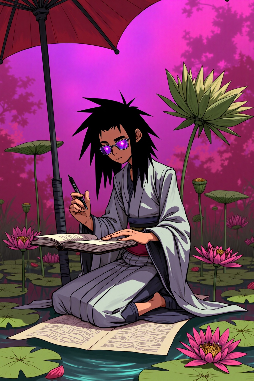 beijihui,An animated illustration of a Asian man with long black hair,wearing a gray kimono,sitting on the ground. He is holding a black pen in his right hand,and a book in his left hand. The man's eyes are covered with purple tinted glasses. The background is a vibrant pink hue,and there is a large green flower in the upper right corner of the frame. There are green lily pads on the left and right of the image,and pink lilies on the right. There is a black pole with a red umbrella hanging from the top left corner.,