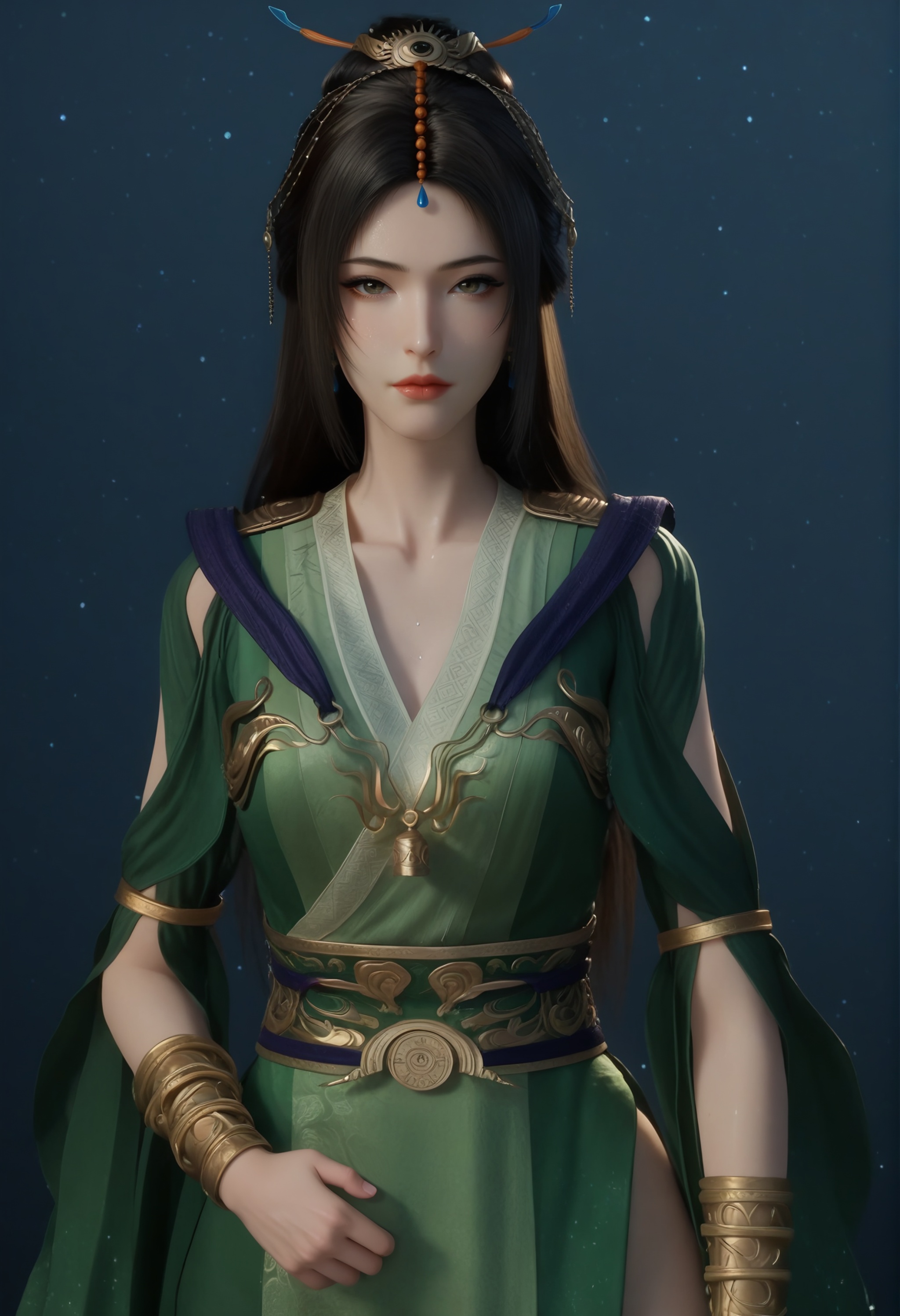 (score_9),<lora:柳玉-apony:0.85>,liuyu,1girl,solo,long hair,hair ornament,single hair bun,black hair,earrings,traditional dress,green_traditional dress,armlet,jewelry,waistband,chest bell,bracer,golden,gold trim, mature_female,BREAK<lora:Expressive_H-000001:0.78>,light blush,Expressiveh,looking at viewer,front view,fair_skin,(pale skin),(sweaty_skin),BREAKsimple background,<lora:e色温:0.25>,sparkle,4K ultra HD,sharp focus,high detail,high contrast,