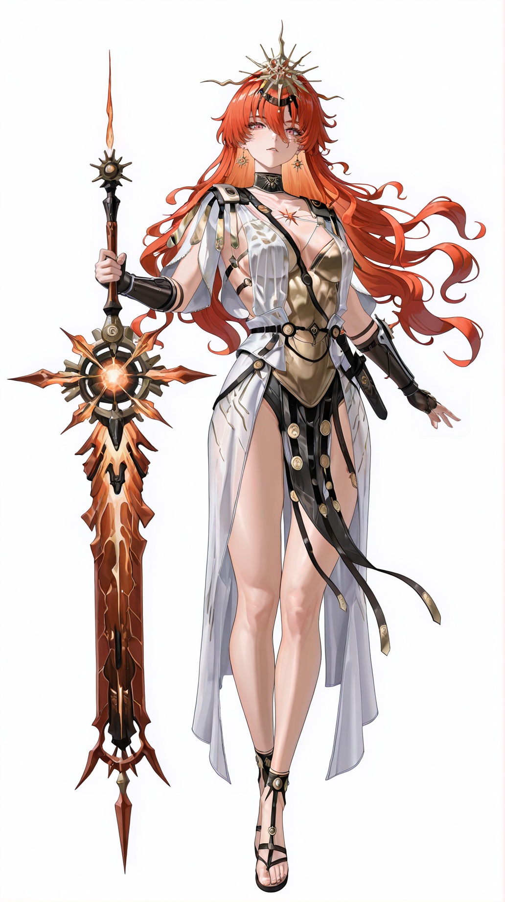 masterpiece,best quality,amazing quality,<lora:augusta-000025:0.8>,bronze_headdress,gear_center,flame_like_spikes,black_ribbon,religious_headdress,ornate_headpiece,metal_crown,augusta \(wuthering waves\),1girl,red hair,solo,jewelry,long hair,breasts,full body,earrings,simple background,looking at viewer,standing,sandals,dress,cleavage,medium breasts,armor,red eyes,hair between eyes,pelvic curtain,weapon,see-through,white background,<lora:20250808-1754650692631:0.8>,zhigan3d,1girl,solo,breasts,jewelry,looking at viewer,