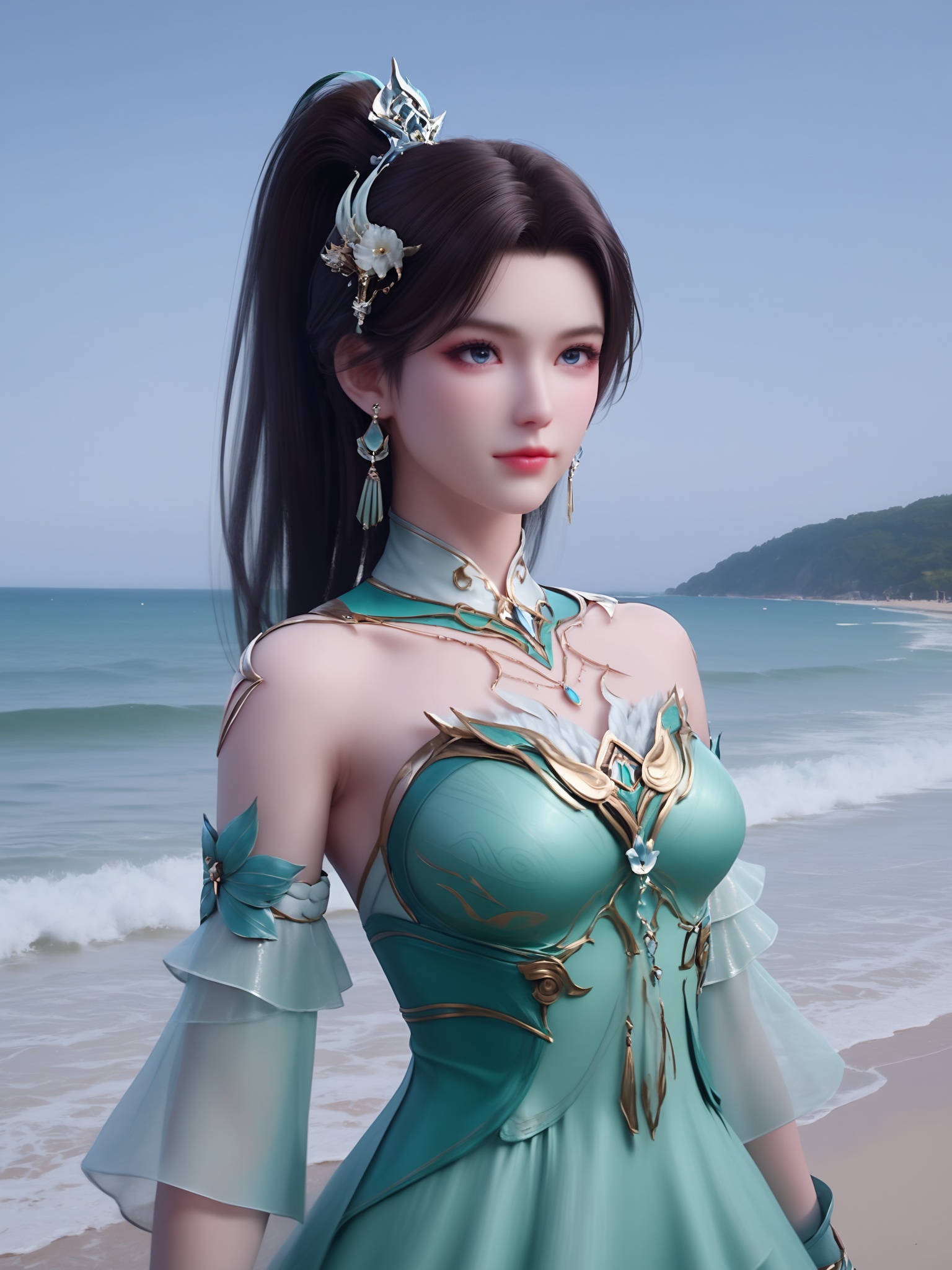 realistic style photo outstanding style,tall,cute,in her teens. Use soft lighting to cast gentle shadows on the subject,adding a touch of dimension to your images without compromising details,score_9,score_8_up,score_7_up,Seaside,beach,waves,<lora:古薰儿Pony:0.7>,guxuner(\dpcq\),Single ponytail,hair ornament,jewelry,earrings,green dress,blue eyes,detached sleeves,bare shoulders,