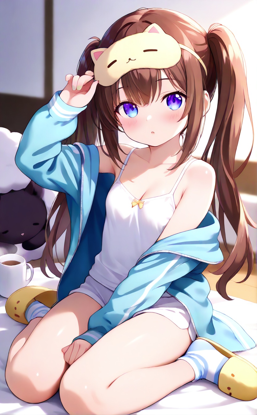 masterpiece,very aware,highres,absurdres,newest,best quality,loli,petite,high quality,chromatic_aberration,cinematic_angle,dutch angle,blurry_foreground,A light gradient background with white on top and brown at the bottom,student,"Girl",//,1girl,sleep mask,long hair,twintails,striped,parted lips,sitting,solo,bangs,long sleeves,shorts,jacket,looking at viewer,between legs,brown hair,hand between legs,collarbone,camisole,mask,breasts,short shorts,blue eyes,white shorts,small breasts,socks,wariza,star (symbol),nail polish,:o,open clothes,mask on head,slippers,blush,sleeves past wrists,striped jacket,off shoulder,sheep,bare shoulders,cup,cleavage,open jacket,striped socks,arm up,fingernails,animal,full body,white background,on head,white camisole,purple eyes,hand up,//,//,official art,blurry background,depth of field,detailed light,best shadow,shiny skin,cinematic lighting,ray tracing,amazing quality,very aesthetic,absurdres,beast quality,ultra detailed,newest,8K,HDR,full_shot,//,<lora:lora:1>,