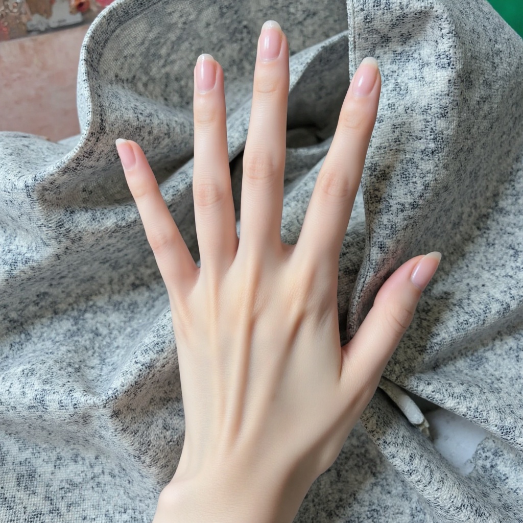 Close-up of a slender hand with clear skin texture and fair as snow,and the background is exquisitely patterned fabric sheets.,
