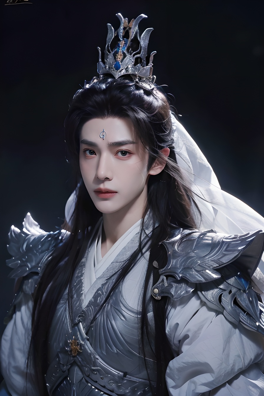 solo, 1boy, male focus, black hair, armor, long hair, realistic, crown, looking at viewer, signature, lips, weapon, closed mouth, upper body, <lora:古风男2.0:0.8>