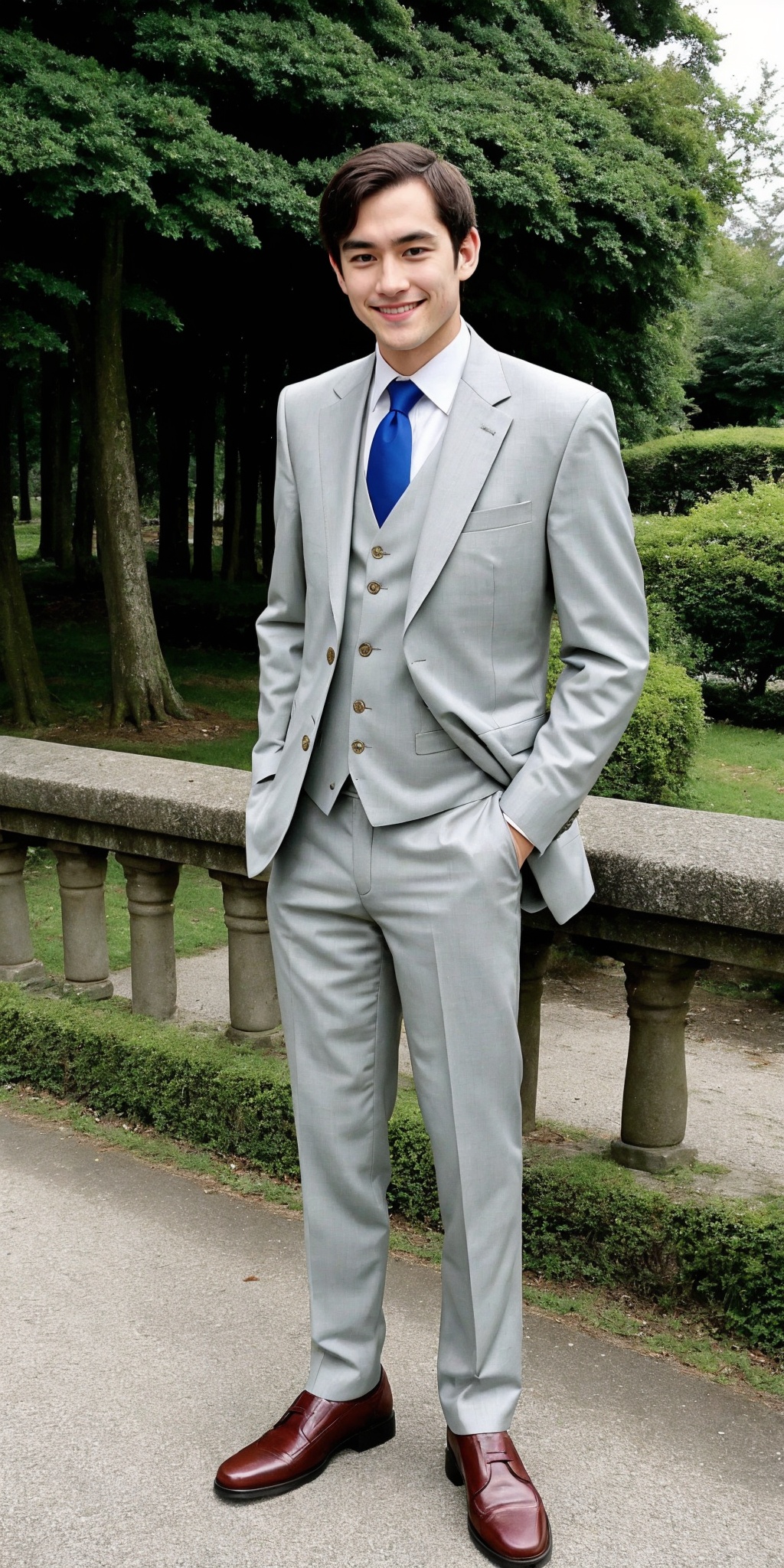 man, (smirk:0.4), solo, realistic, looking at viewer, suit, full body, f8.0, jpeg artefacts, poor lighting, outdoors, 