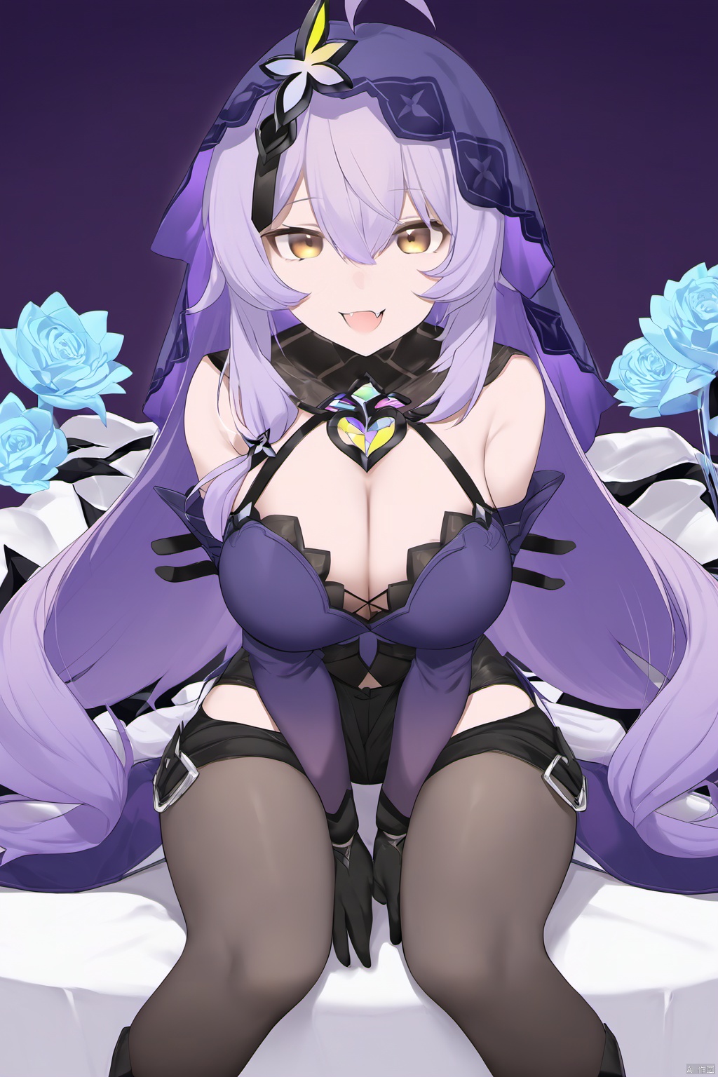nai3, 1girl, solo, ahoge, virtual youtuber, , flower, looking at viewer, sitting, open mouth, smile,bangs,between legs, :d, hand between legs, purple background, fang, feet out of frame,haoche\\\\\\\\\\\\\\hte, 1girl, gloves, breasts, long hair, boots, purple hair, black gloves, veil, cleavage, pantyhose large breasts, shorts, yellow eyes<lora:EMS-313347-EMS:0.800000>