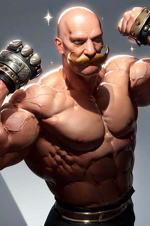 1boy, armstrong,<lora:Chara_armstrong:0.85>,( upper body:1.2) , strong, muscular,bald, golden mustache,metal glove,topless_male,make a fist