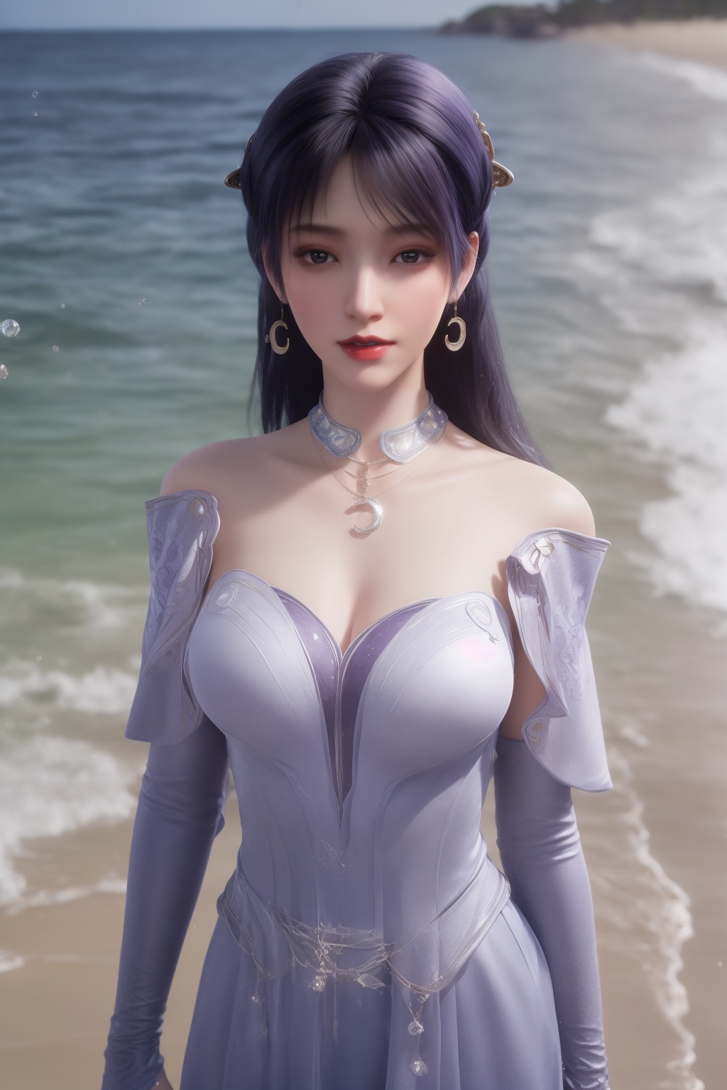 photo_\(medium\),(8k, RAW photo, best_quality),(masterpiece:1.2),(realistic:1.2),(photorealistic:1.3),(ultra-detailed),(extremely_detailed_cg_8k_wallpaper),(crystal_texture_skin:1.3),(shiny:1.2),(shiny_skin:1.4),(extremely_delicate_and_beautiful),shenfengYanRuYu,1girl,solo,dress,detached sleeves,torogao,bouncing breasts,standing,jewelry,hair ornament,earrings,red lips,necklace,realistic,looking at viewer,purple theme,summer,beach,sea,sunshine,<lora:shenfengJiZiYue_20240525170749-000003:0.7>,
