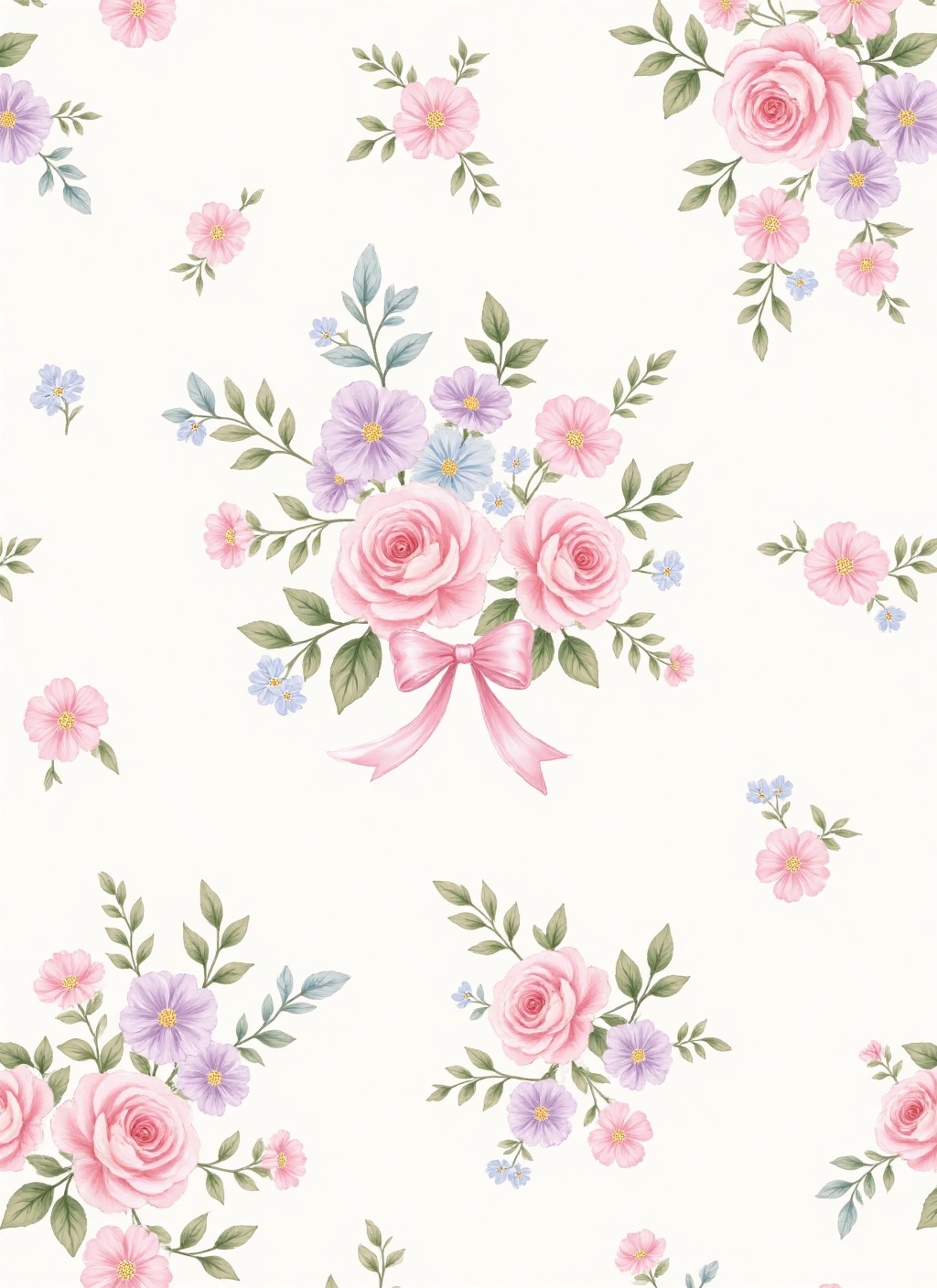 This image is a digital illustration of a vintage floral pattern. The background is a soft,off-white color. The design features delicate,pastel-colored flowers in pink,purple,and light blue,with green leaves. Large pink roses are the central flowers,surrounded by smaller pink and purple blossoms,and occasional light blue flowers. A pink ribbon bow is centrally placed among the flowers. The flowers and leaves are illustrated with soft,watercolor-like textures,giving the pattern a delicate and romantic feel. The arrangement is scattered across the image,creating a harmonious and balanced floral pattern.,