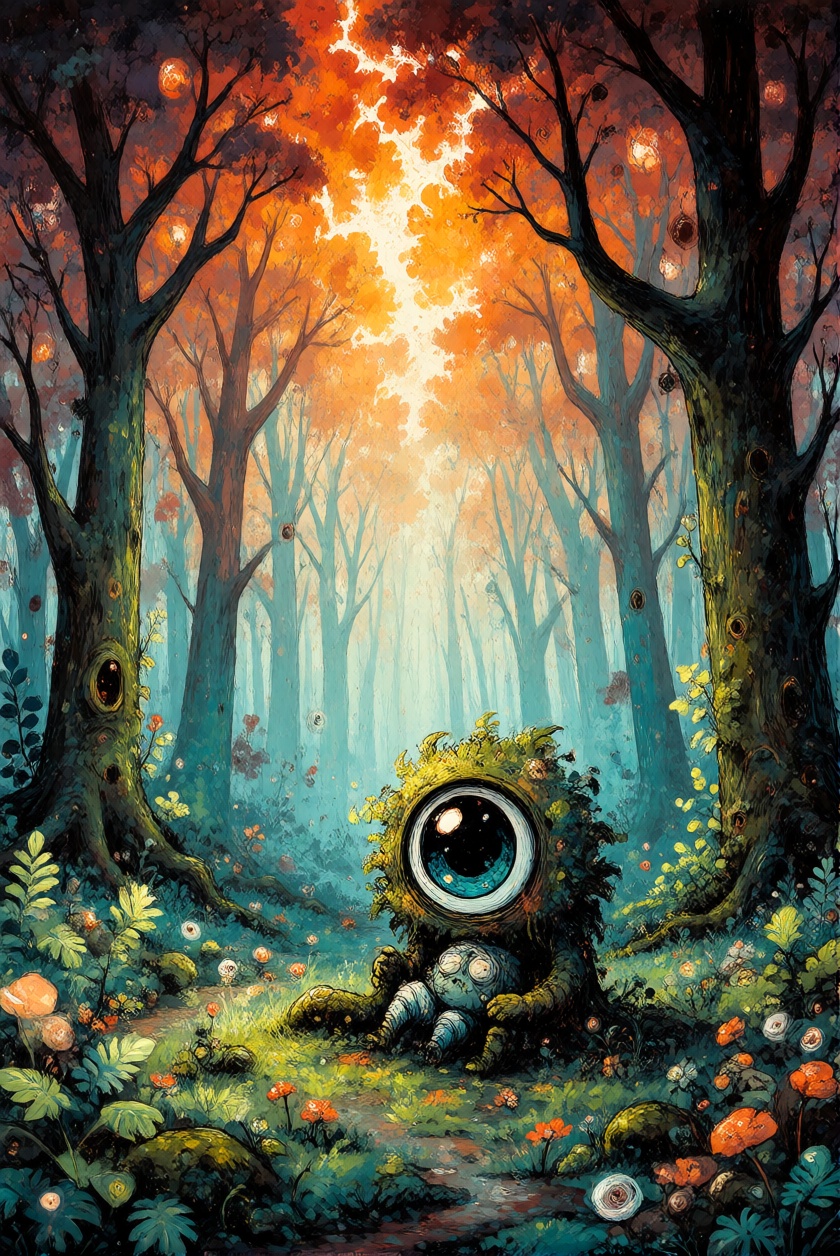 ToonDaal,  An adorable cyclopean forest guardian with one huge,  twinkling eye cradles a dying hero beneath a burning cano...