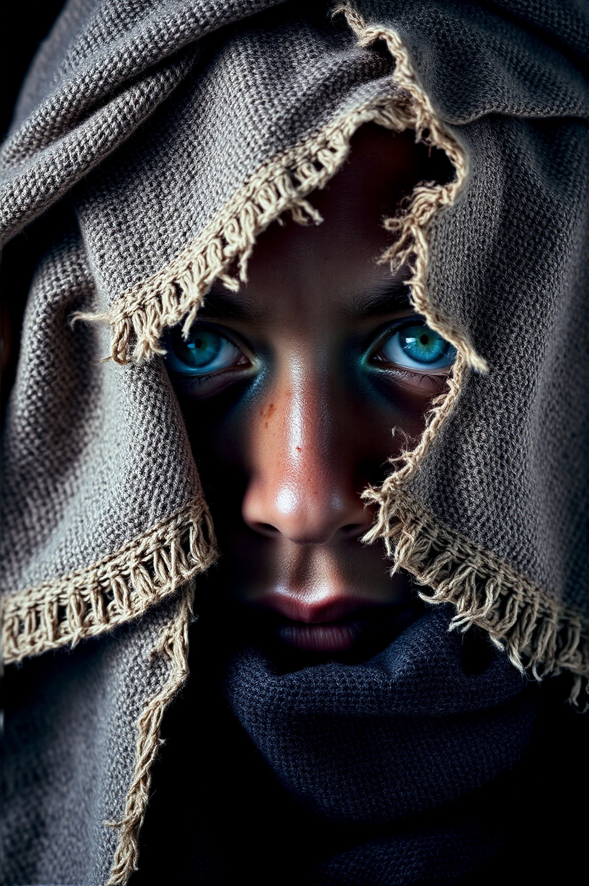 Close-up shot,  centered subject with symmetrical composition,  highlighting intense blue eyes peering from under a textur...
