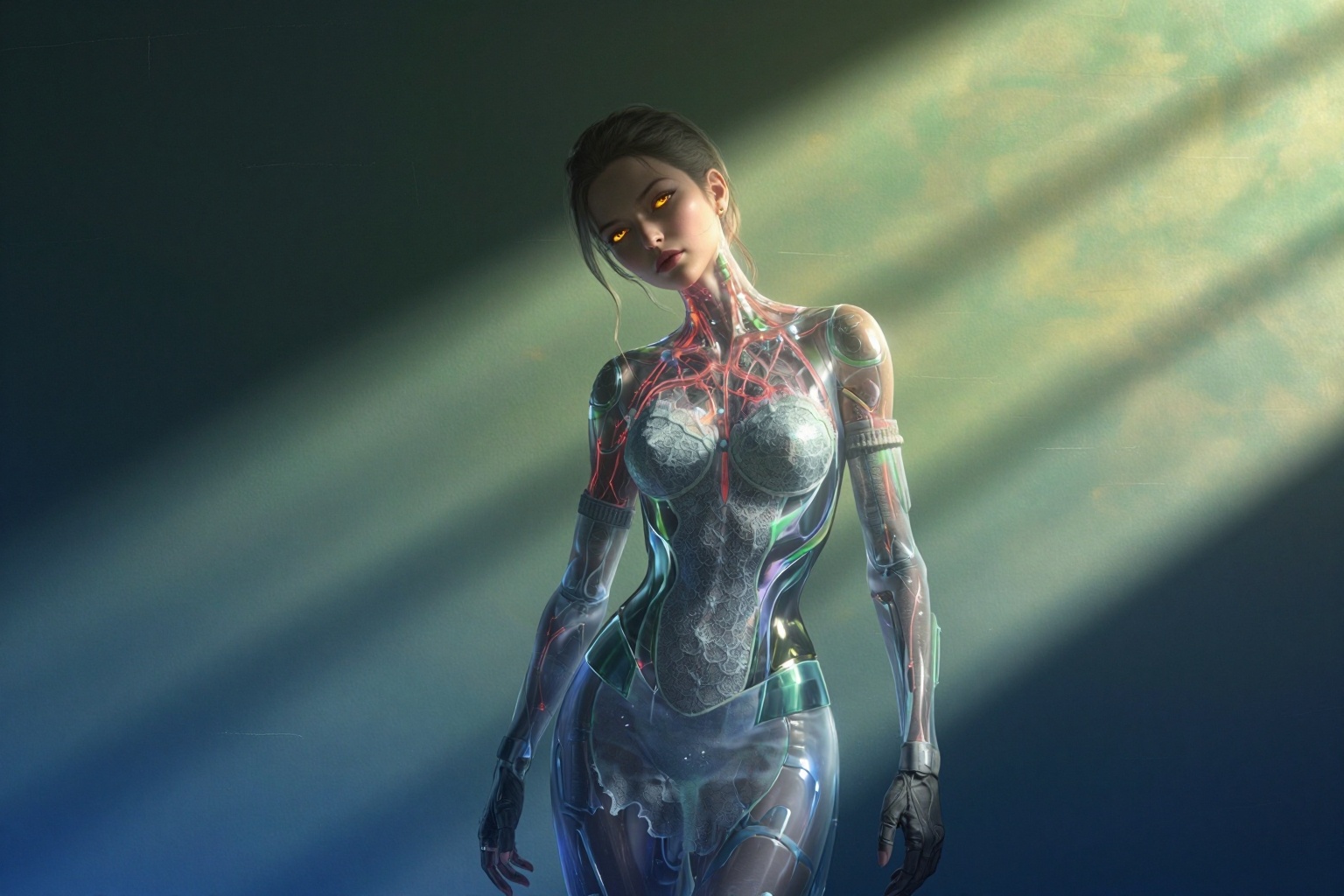 YY Anime style,CG,in the style of Tanya Shatseva, contemporary, eeriness, painting, Russian, surreal, female-artist. A surreal masterpiece depicts a woman wearing a scalloped lace corset layered under sleeveless sweaters and transparent cyberpunk armor, her silhouette defined by ethereal, haunting lines in the distinct style of Tanya Shatseva. Her gaze pierces through the gloom with glowing neon-yellow irises, complemented by intricate internal neon-red LED veins beneath her skin. Captured in a cinematic full-body shot, she wears fingerless gloves, posing with a calculated, eerie head tilt. The atmosphere is saturated with chartreuse and deep blue gradients, bathed in soft, raking sunlight that pierces through heavy, textured shadows.