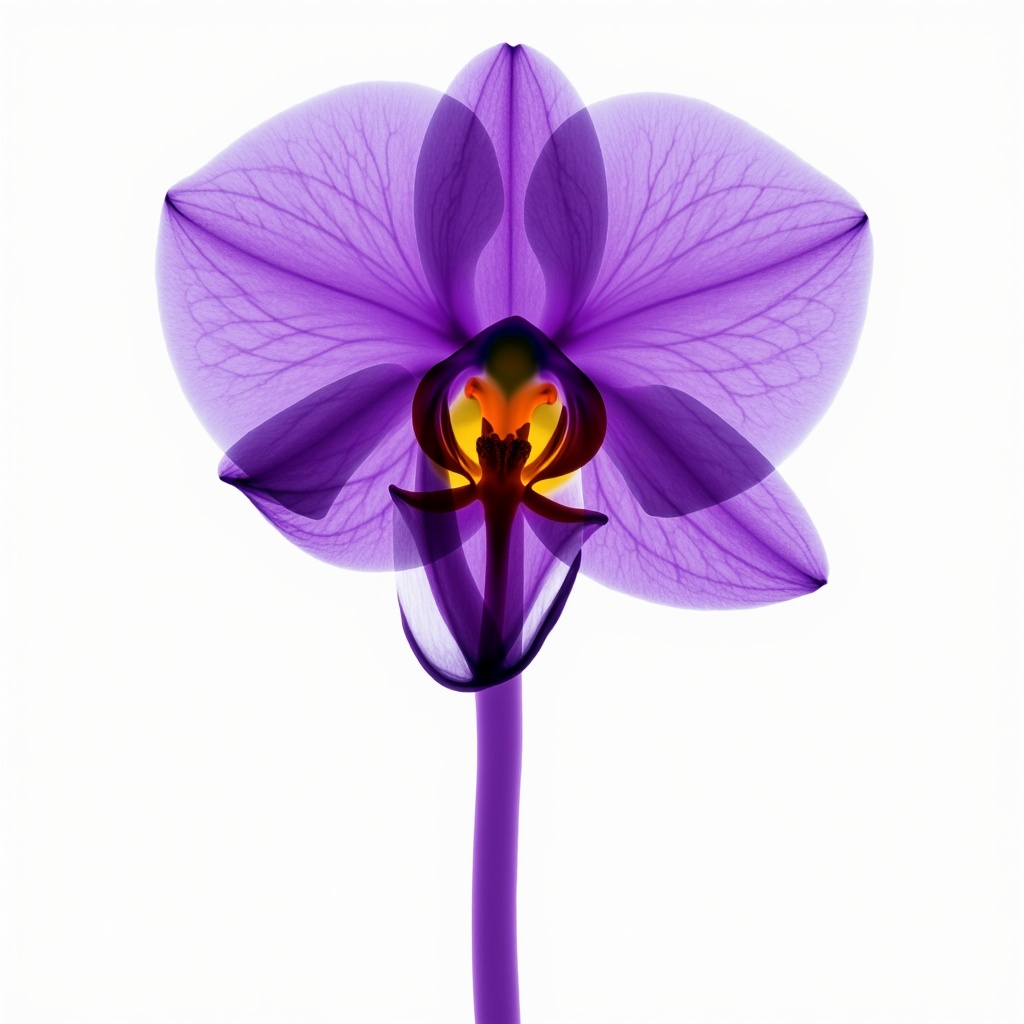 X-ray,purple flower with a yellow center on a stem against a white background,x-ray photography,xray art,depicting a flower,simple chromatic xray,ultraviolet photography,xray hd,translucent sss xray,3 d giant orchid flower,behance. polished,radiosity rendering,inside the flower,xray,tulip,rorsach path traced,violet flower,archival pigment print,iridescent image lighting,x ray,medical imaging,flower artworks society,photodirector 365,photodirector 3 6 5,scientific photography,uv map,rendered in corona,wolff olins |,botanical photo,x - ray,x-ray,trending on mentalray,violet lighting,glowing mri x-ray,