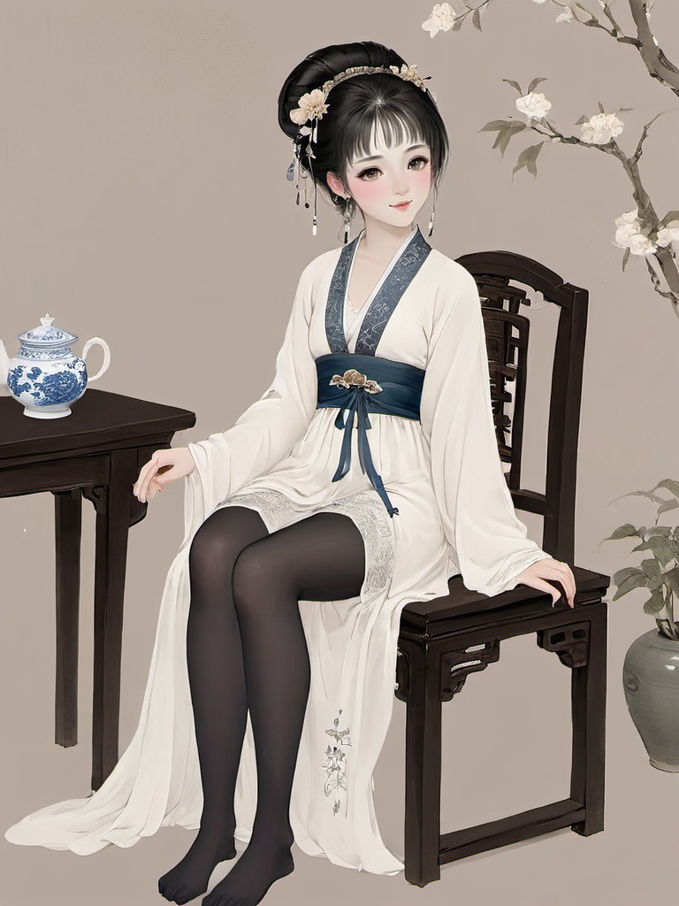gufengsw001,1girl,solo,looking at viewer,smile,black hair,hair ornament,long sleeves,jewelry,sitting,closed mouth,full body,braid,earrings,hair flower,white dress,black eyes,cup,chair,no shoes,chinese clothes,table, pantyhose,teacup,hanfuteacup,hanfu,<lora:gufengsw001-000008:0.8>,