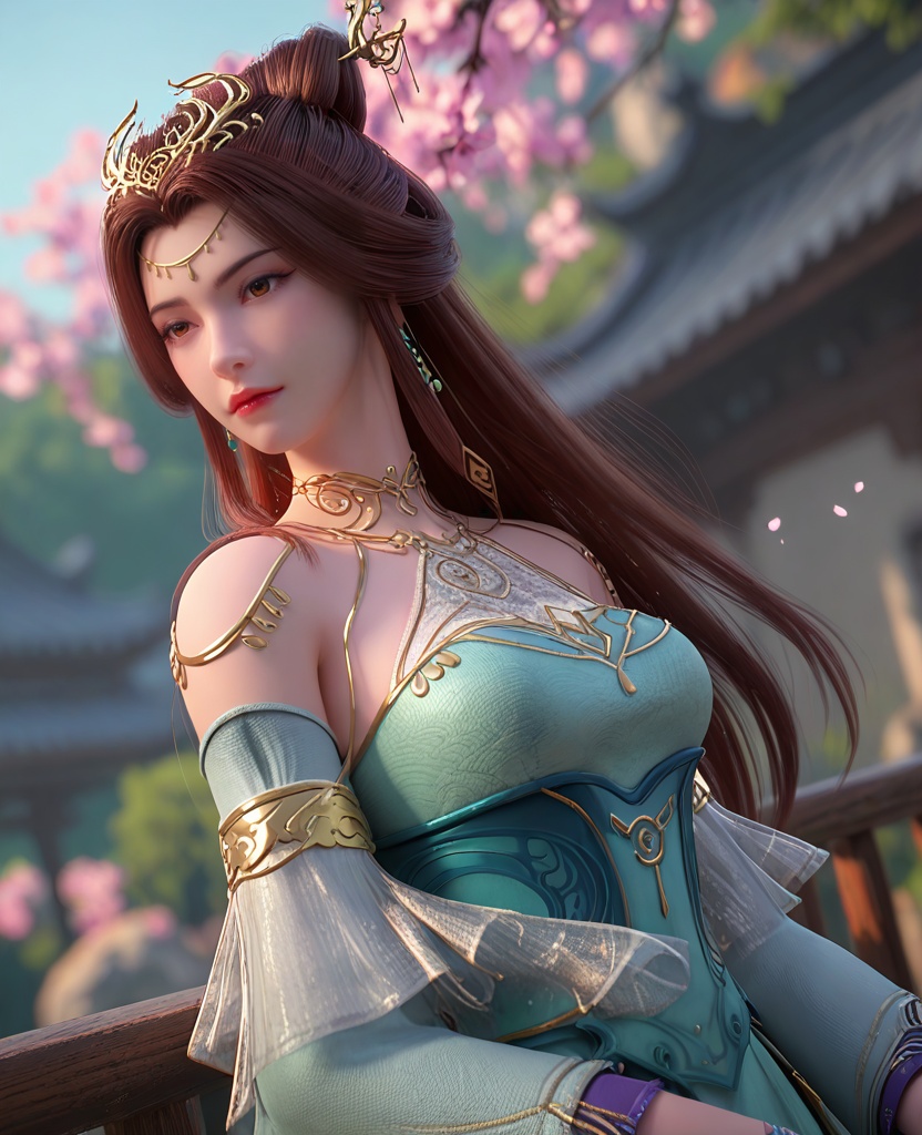(oriental architecture, elegant decor, sophisticated style:1.1),(winking:1.1),(breasts:1.2),<lora:XL百炼成神苏灵韵:0.95>,miss sulingyun,brown hair,long hair,green dress,hair ornament,jewelry,detached sleeves,brown eyes,hair bun,bare shoulders,earrings,flower bracelet,breasts,, zPDXL2, score_9, score_8_up, score_7_up BREAK realistic, masterpiece,best quality, highly detailed,, zPDXL3, zPDXL2,zPDXL, zPDXLxxx, zPDXLrl,
