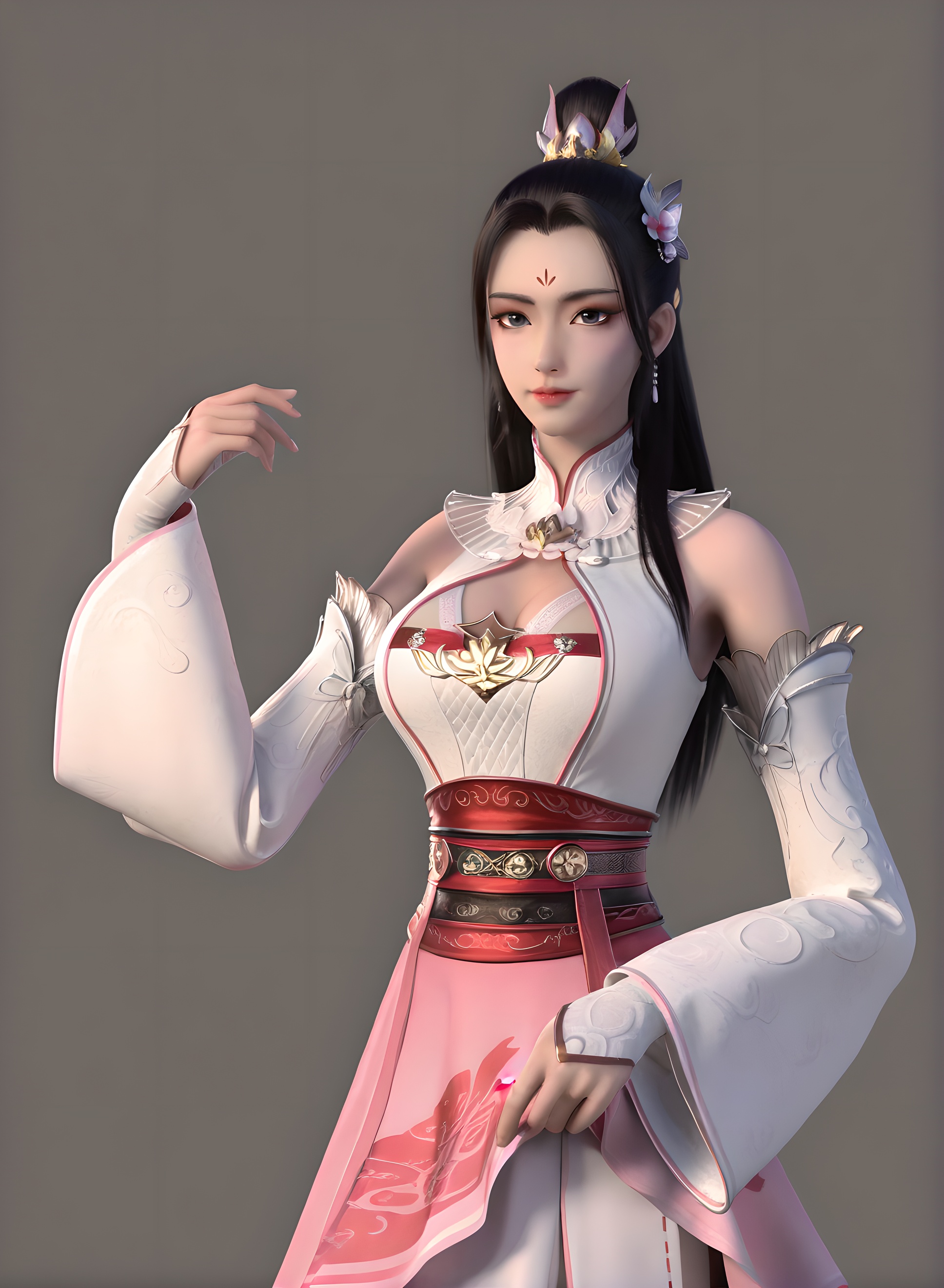fair_skin,white_skin,Ivory_skin,score_9,<lora:SF_BaiHeiHuai_Pony_Realism-000003:0.7>,hair ornament,dress,black hair,1girl,breasts,large breasts,standing,long sleeves,detached sleeves,facial mark,forehead mark,pink skirt,solo,looking at viewer,simple background,