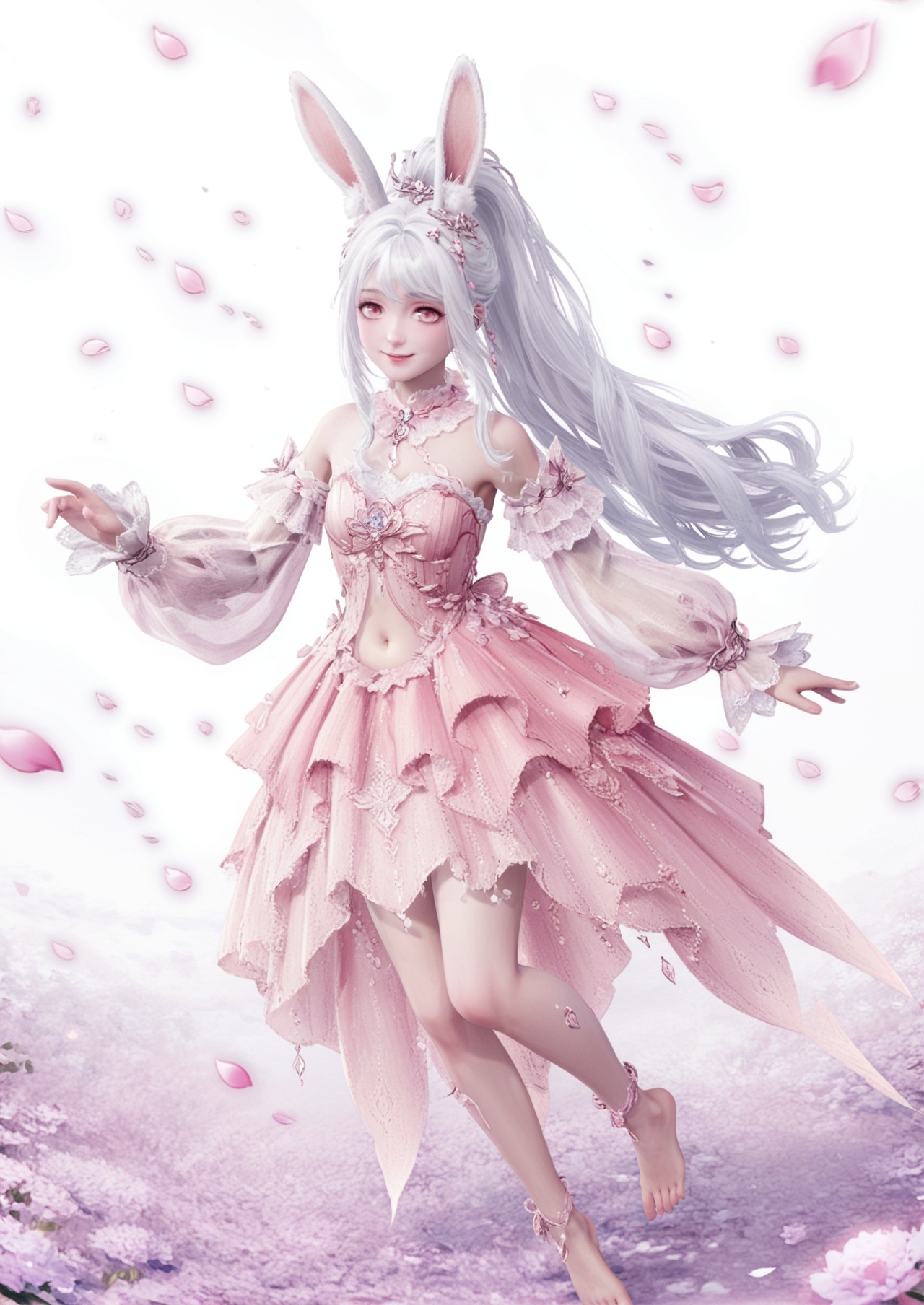 score_10,score_9,score_8_up,score_7_up,1girl,Nikki,solo,animal ears,rabbit ears,white hair,long hair,dress,ponytail,detached sleeves,petals,hair ornament,pink dress,barefoot,navel,falling petals,pink eyes,smile,white background,