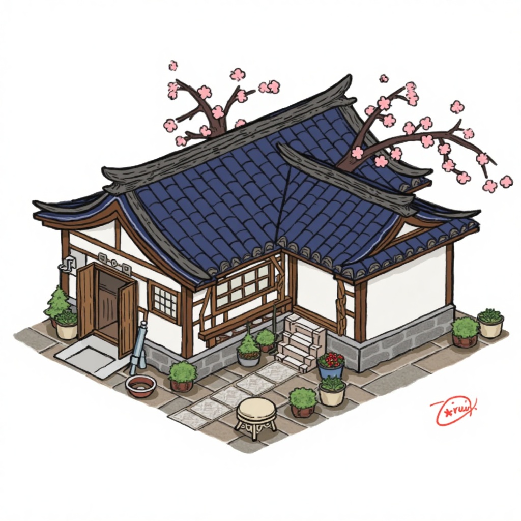 This is a digital drawing of a traditional Japanese house with a dark blue tiled roof, white walls, and wooden accents. The house features a small courtyard with stone pathways, potted plants, and a wooden gate. Cherry blossom branches adorn the roof, and the overall style is reminiscent of classic Japanese architecture.