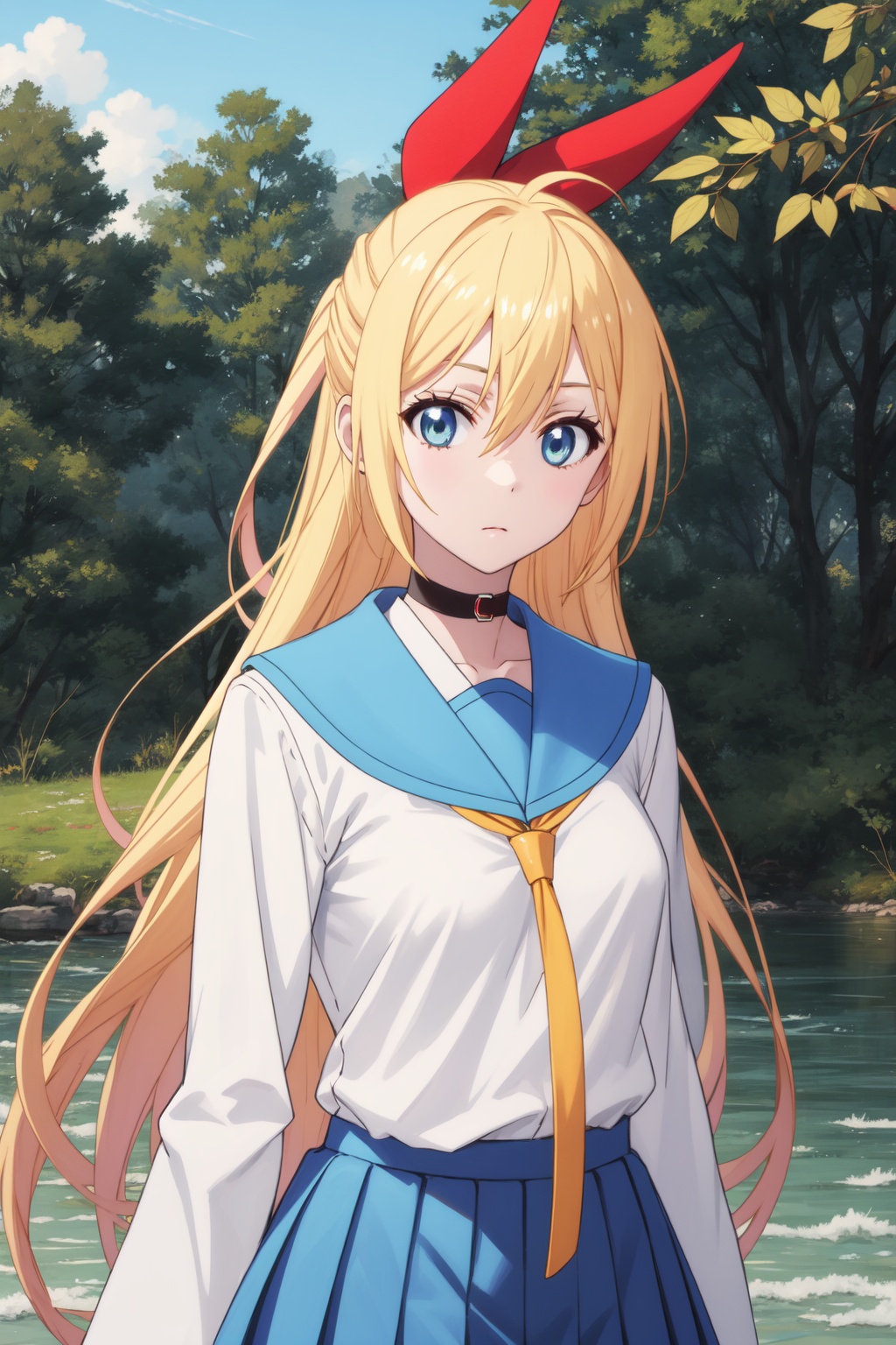 <lora:Chitoge-000008:0.8>,Chitoge CYQL,1girl,looking at viewer,solo,long hair,blonde hair,hair between eyes,ribbon,hair ribbon,red ribbon,hair bow,blue eyes,choker,school uniform,serafuku,skirt,blue skirt,zettai ryouiki,thighhighs,black thighhighs,shy,portrait,Mangroves, Forest, Water, Roots, Biodiversity, Wildlife, Serenity, Tides,(Olive trees, Olive orchard, Italian landscape, Midday sun, Rustic charm, Olive harvest:0.5),beautiful detailed sky,beautiful detailed glow,posing in front of a colorful and dynamic background,masterpiece,best quality,beautiful and aesthetic,contrapposto,female focus,wallpaper,