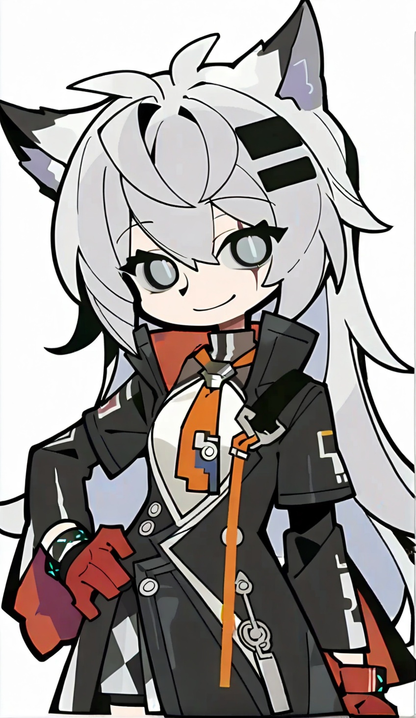 1girl,solo,long hair,looking at viewer,smile,bangs,simple background,shirt,hair ornament,gloves,long sleeves,white background,animal ears,hair between eyes,closed mouth,jacket,ahoge,grey hair,cowboy shot,necktie,hairclip,chibi,official alternate costume,coat,black jacket,hand on hip,grey eyes,scar,wolf ears,scar on face,red gloves,scar across eye,wolf girl,lappland \(arknights\),<lora:lora:1>,