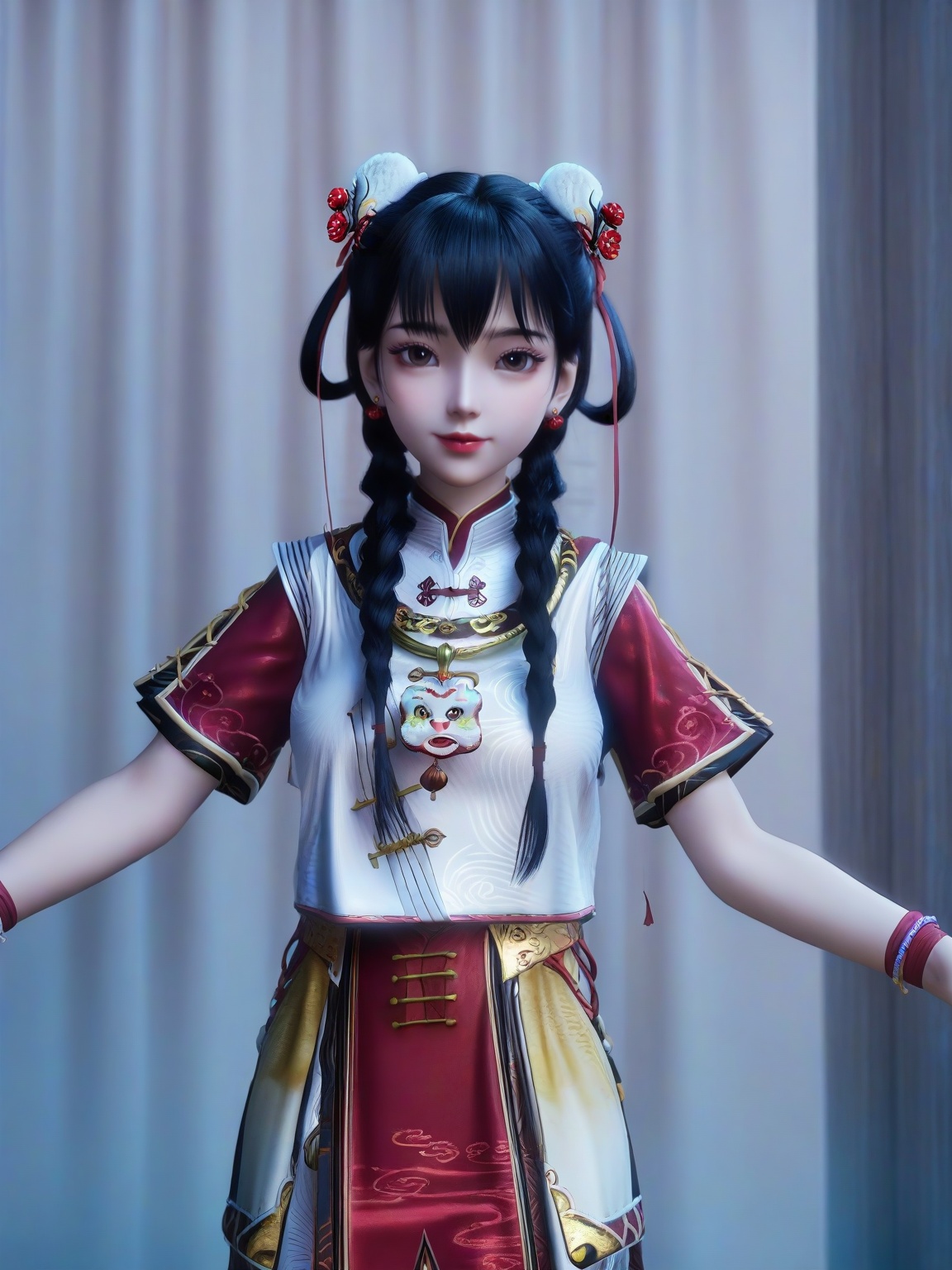score_9,1girl,solo,standing,twin braids,bangs,hair ornament,brown eyes,earrings,chinese clothes,dress,breasts,black hair,double bun,lipstick,short sleeves,skirt,looking at viewer,upper body,<lora:SF_JiYuanBao_Pony_Realism2.3-000004:0.72>,