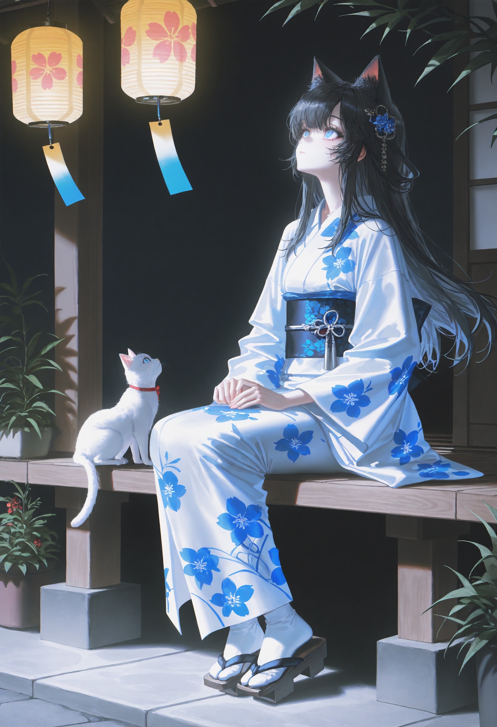 masterpiece,best quality,artist:john_kafka,artist:nixeu,artist:quasarcake,chromatic aberration,film grain,high contrast,color contrast,cold colors,gritty,graphite \\\\(medium\\\\),cat, 1girl, kimono, japanese clothes, black hair, animal ears, sitting, white cat, sandals, floral print, long hair, cat ears, black cat, plant, zouri, tabi, solo, white kimono, looking up, hair ornament, print kimono, blue eyes, wide sleeves, outdoors, socks, yukata, white socks, sash, obi, geta, wind chime, closed mouth, full body, long sleeves, lantern,