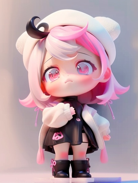 best quality,masterpiece,3D,C4D,1girl,solo,looking at viewer,blush,full body,bangs,dress,jacket,pink hair,chibi,white hair,multicolored hair,pink eyes,virtual youtuber,medium hair,black footwear,white headwear,princess skirt of fans,