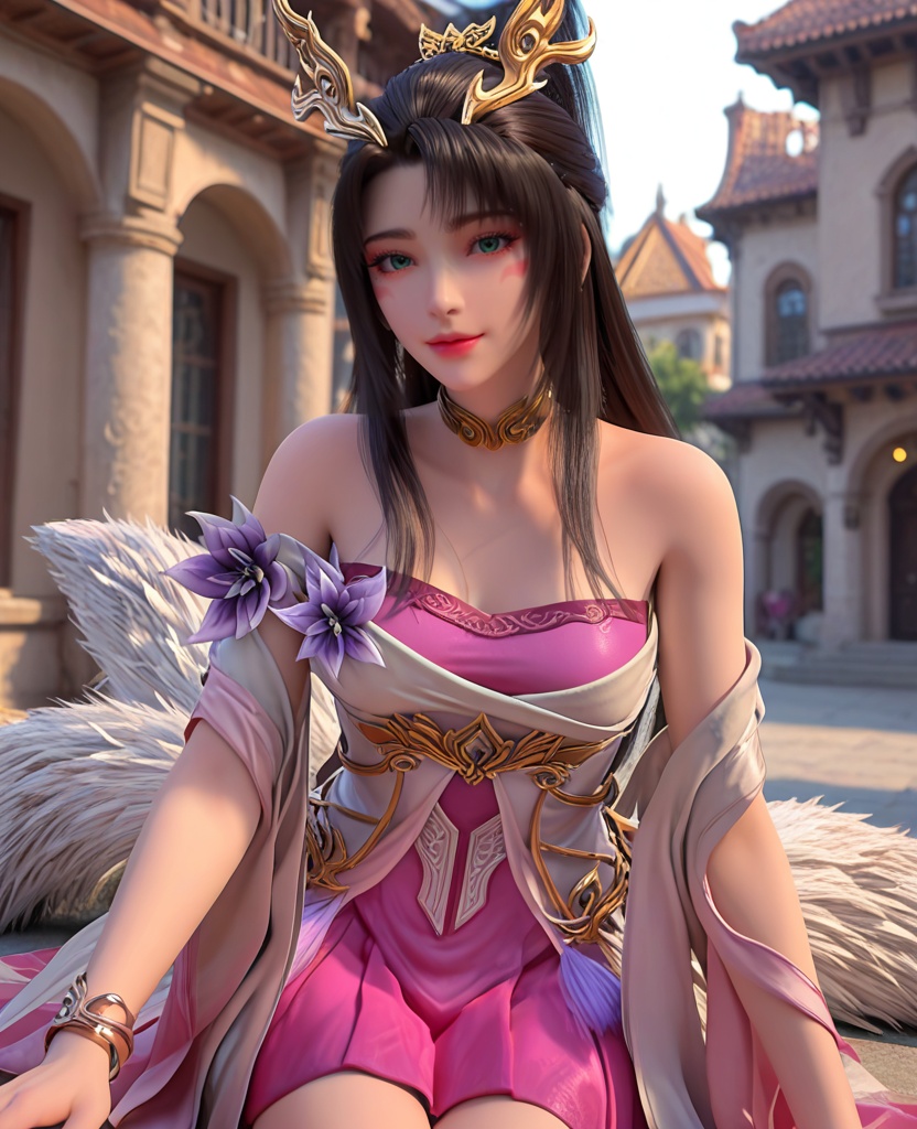 (oriental architecture, elegant decor, sophisticated style:1.1),Gazing over a raised shoulder, a hint of a smile on her lips, she emanates coyness and playful allure,(breasts:1.2),<lora:XL完美世界天狐仙子:0.9>,miss tianhuxianzi,solo,white dress with pink minidress underneath,shawl sleeve,multilayer fart curtain,green eyes,(glittering eyeshadow:1.3),facial mark,mole under right eye,black hair,long hair,hair ornament,half tied ponytail,(hanging hair:1.2),choker,jewelry,four-foxtailed,streaked tail tip,flower ornament of purple,parted lips,, zPDXL2, score_9, score_8_up, score_7_up BREAK realistic, masterpiece,best quality, highly detailed,, zPDXL3, zPDXL2,zPDXL, zPDXLxxx, zPDXLrl,