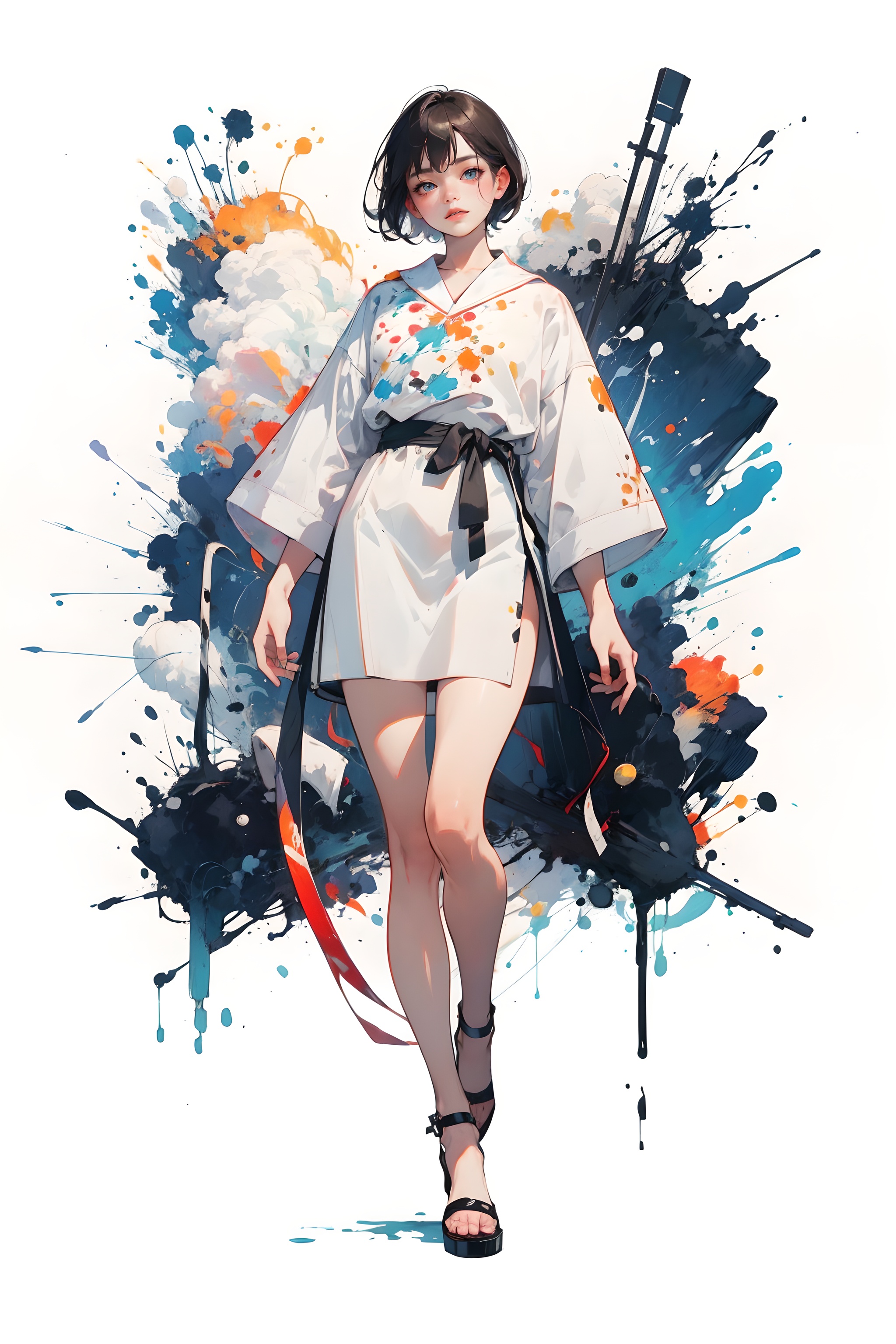 full body shot, 1 girl, solo exhibition, beautiful face, delicate eyes, white background:2,(best quality), ((masterpiece)), (highres), illustration, original, extremely detailed, Random clothes,Random color clothes,