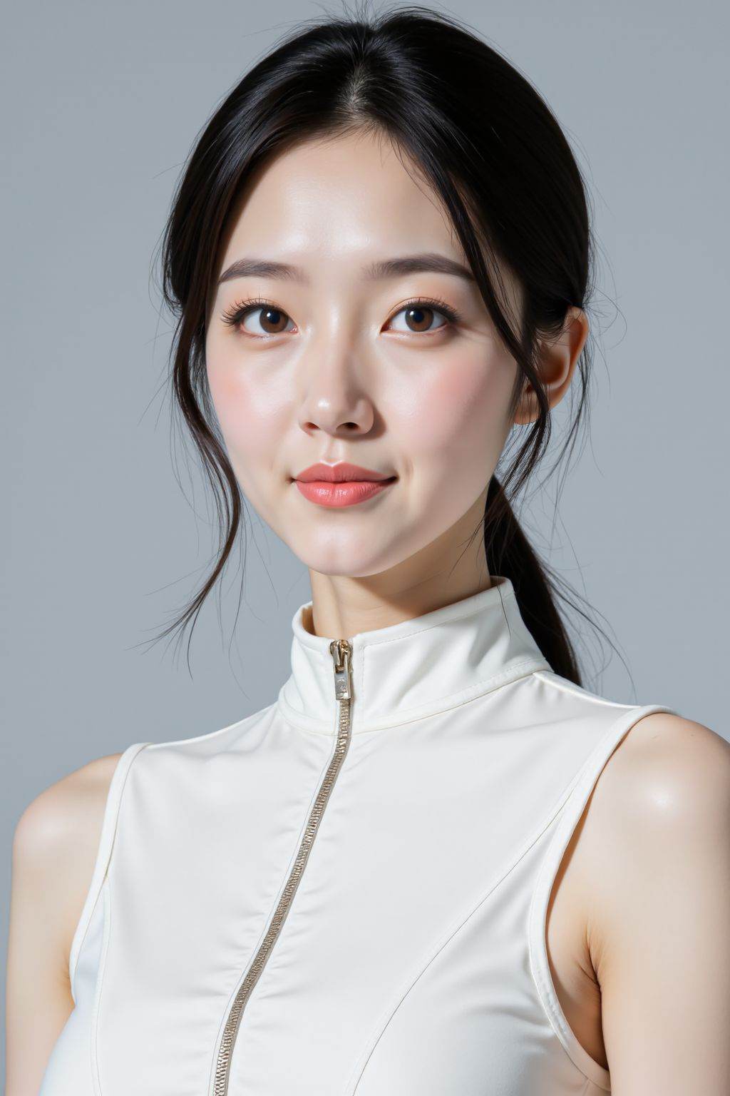 This is a photograph of an East Asian woman with fair skin, straight black hair, and a slender physique. She has a round face, almond-shaped brown eyes, and full lips. She wears a sleeveless white top with a high collar and a zipper detail. Her makeup is subtle, with a natural look. The background is a plain, light grey. The overall image has a soft, professional quality, focusing on her serene expression and elegant appearance.