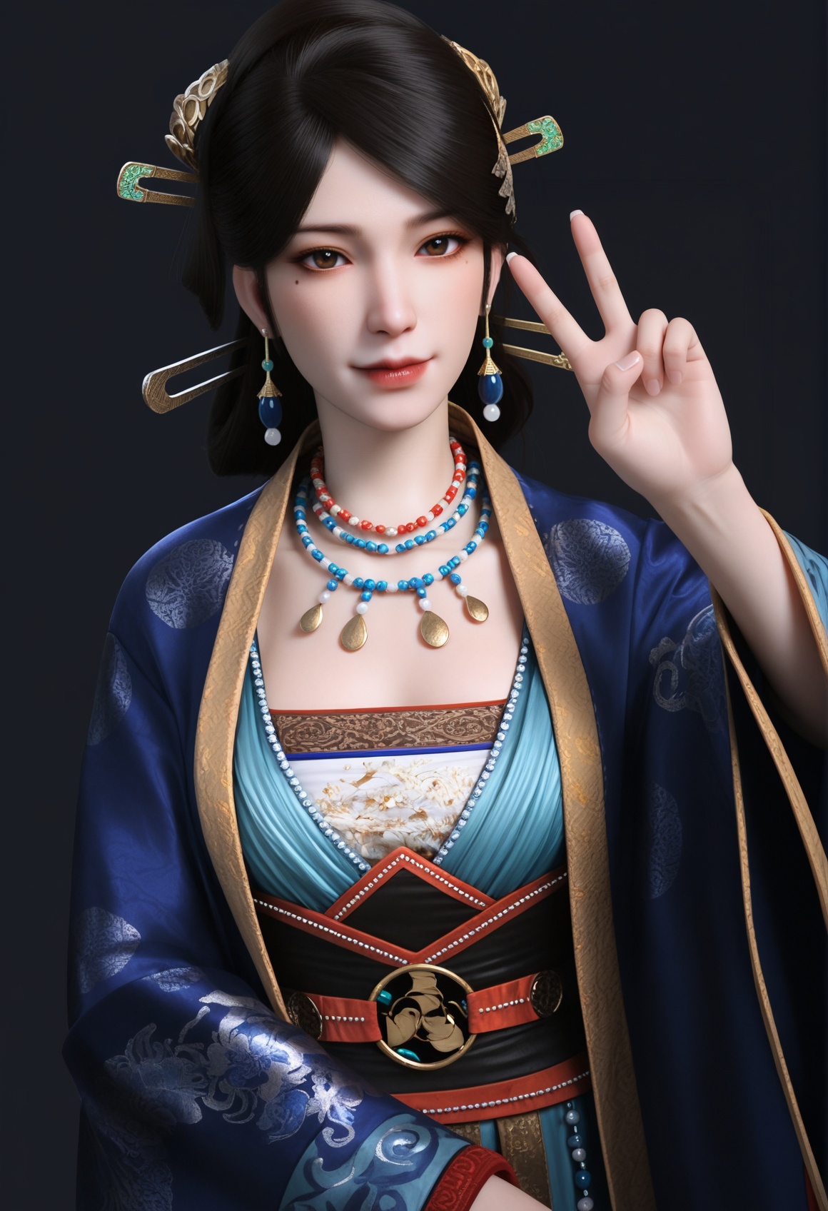 (score_9),cowboy shot,standing,<lora:温洛玉-apony:0.83>,wengluoyu,solo,1girl,brown eyes,hair stick,black hair,earrings,hair ornament,updo,hair stick,mole under eye,mole,beads,bead necklace,robe,waist belt,wide sleeves,mature_female,collarbone,BREAK<lora:Expressive_H-000001:0.8>,light blush,Expressiveh,seductive_smile,dutch angle,dynamic_angle,from above,selfie,v sign,closed mouth,<lora:e肤色滑块:0.25>,fair_skin,(pale skin),ultra-detailed skin texture,detailed textures,<lora:皮肤凹痕:1.5>,<lora:RealisticSkinv1_ponyv6_loraplus:0.35>,real skin,BREAKsimple background,black background,<lora:e色温:0.25>,4K ultra HD,sharp focus,high detail,high contrast,